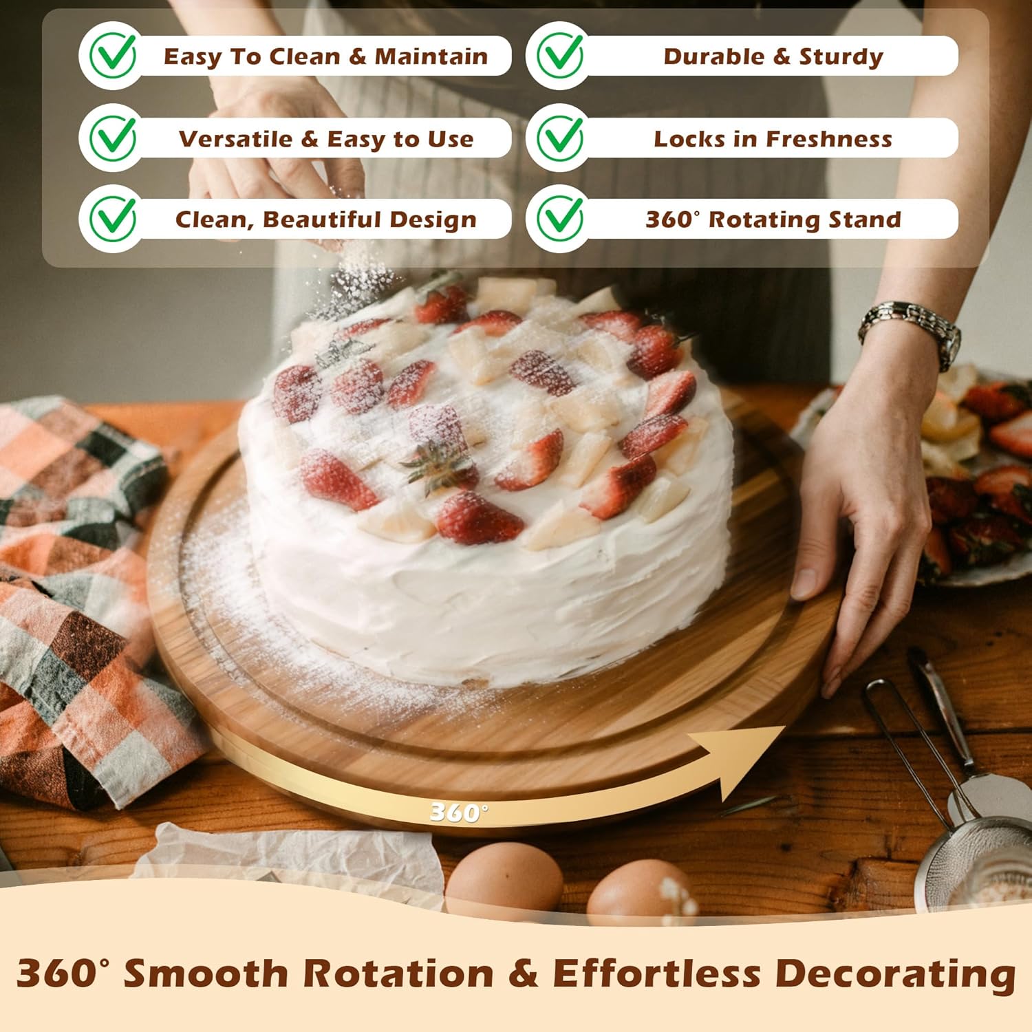 Jolitac Acacia Wood Cake Stand with Lid – 12" Wooden Rotating Cake Stand with Dome Cover, Round Cake Holder Stand with 4 Bonus Cake Sheets, Serving Tray for Cake, Cheese, Charcuterie & Parties
