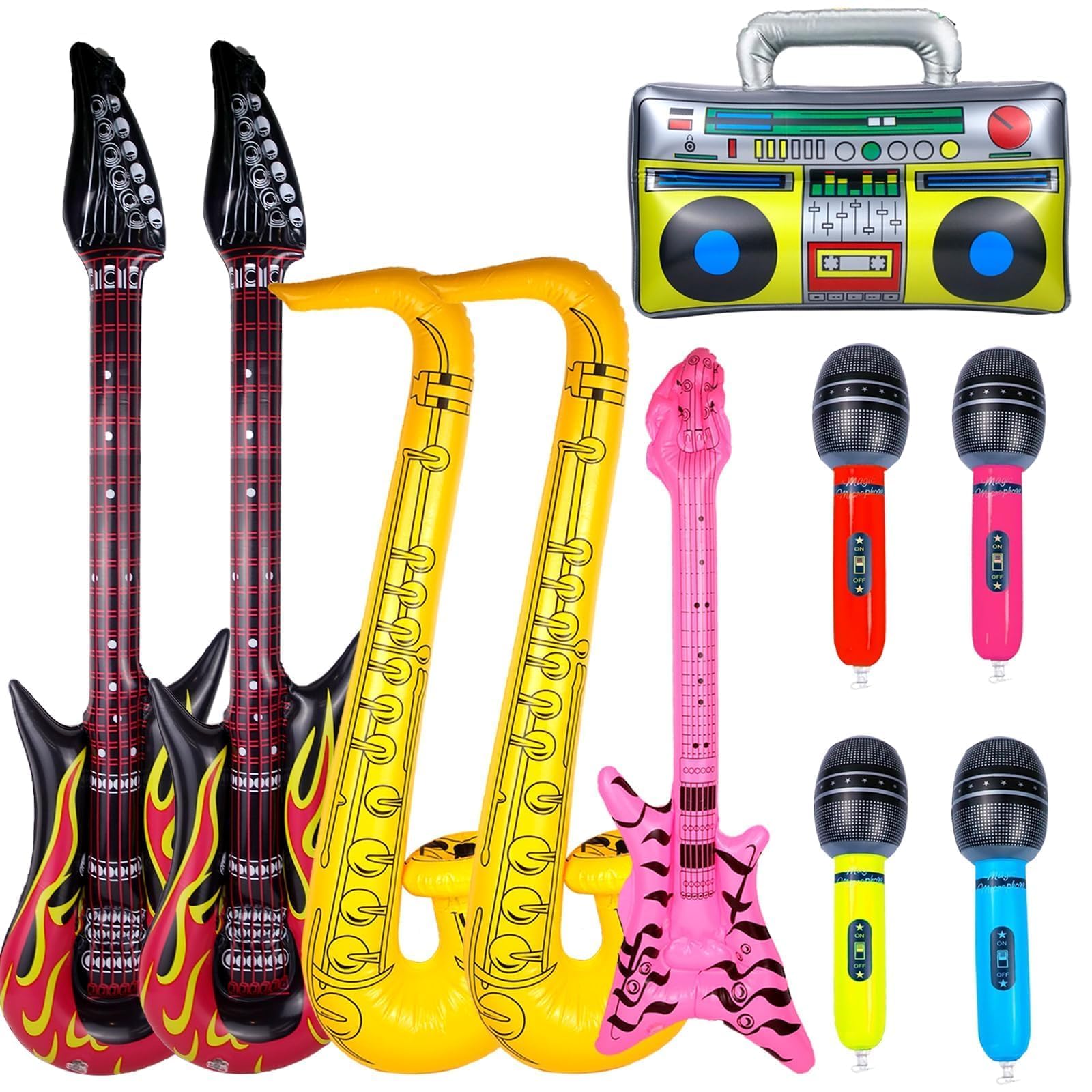 Juego de 10 instrumentos inflables, accesorios de fiesta, juego de juguetes de estrella de rock, saxofón inflable, micrófono de rock, grabadora de guitarra eléctrica de roca, adecuado para varias