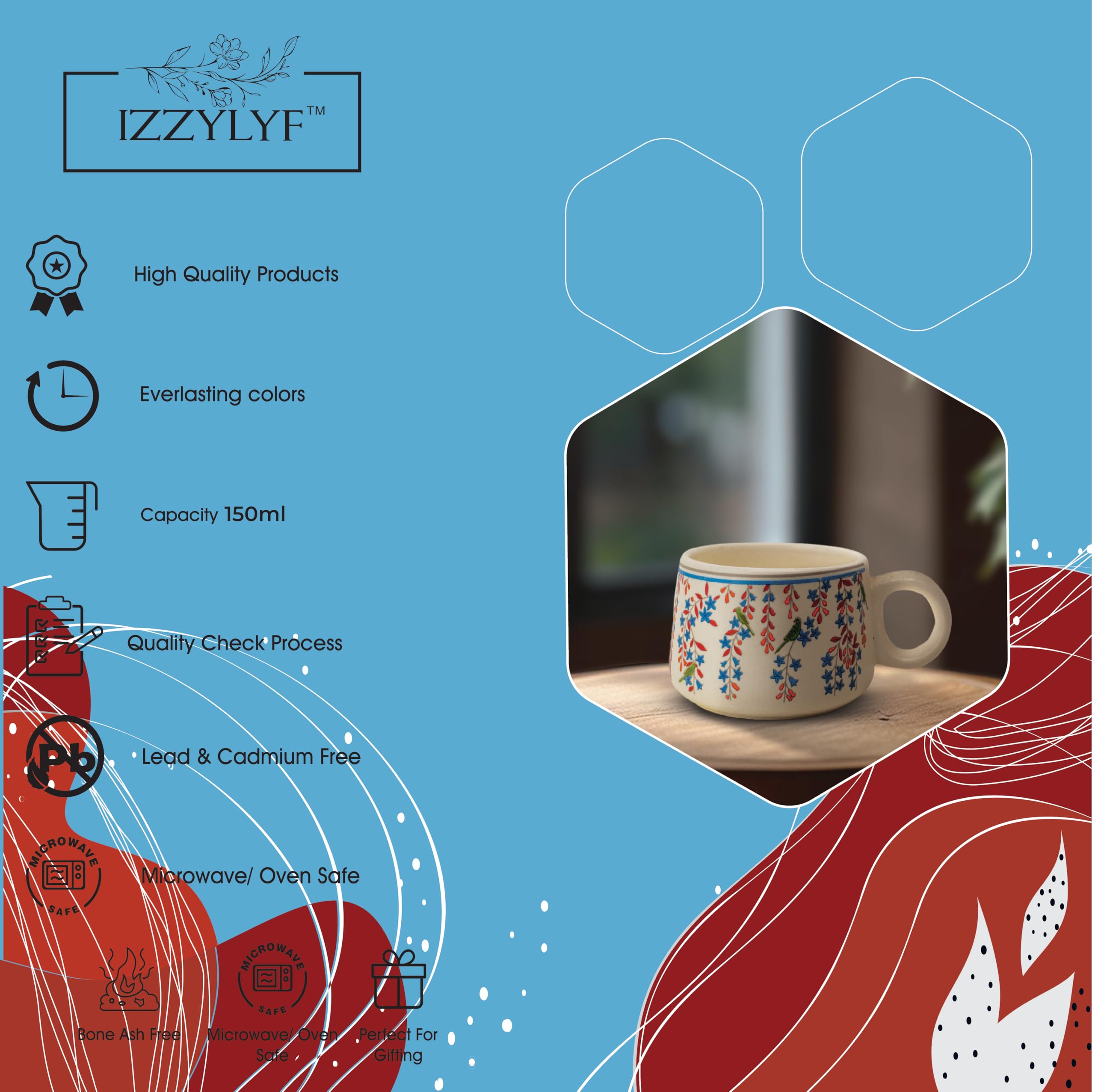 IZZYLYF 'Artisan Leaf' Ceramic Tea Cups Set of 6 (150 ml Each) | Microwave & Dishwasher Safe Tea Cups with Handle for Tea, Coffee & Chai | Tea Cups for Gifting, Home, Cafe & Office Use 2