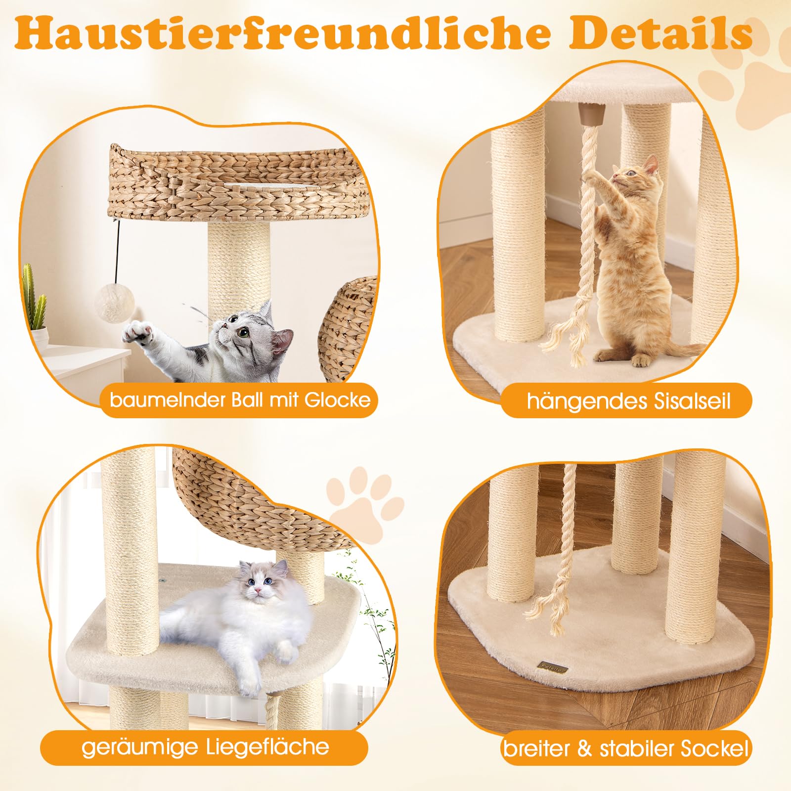GOPLUS Kratzbaum, Katzenbaum mit Sisal-Säulen, Hängender Ball und eine Schlinge, geräumige Aussichtsplattform, Katzennest aus Stroh, Stabile Struktur, Kratzbrett Kletterbaum für Mehrere Katzen (Beige)