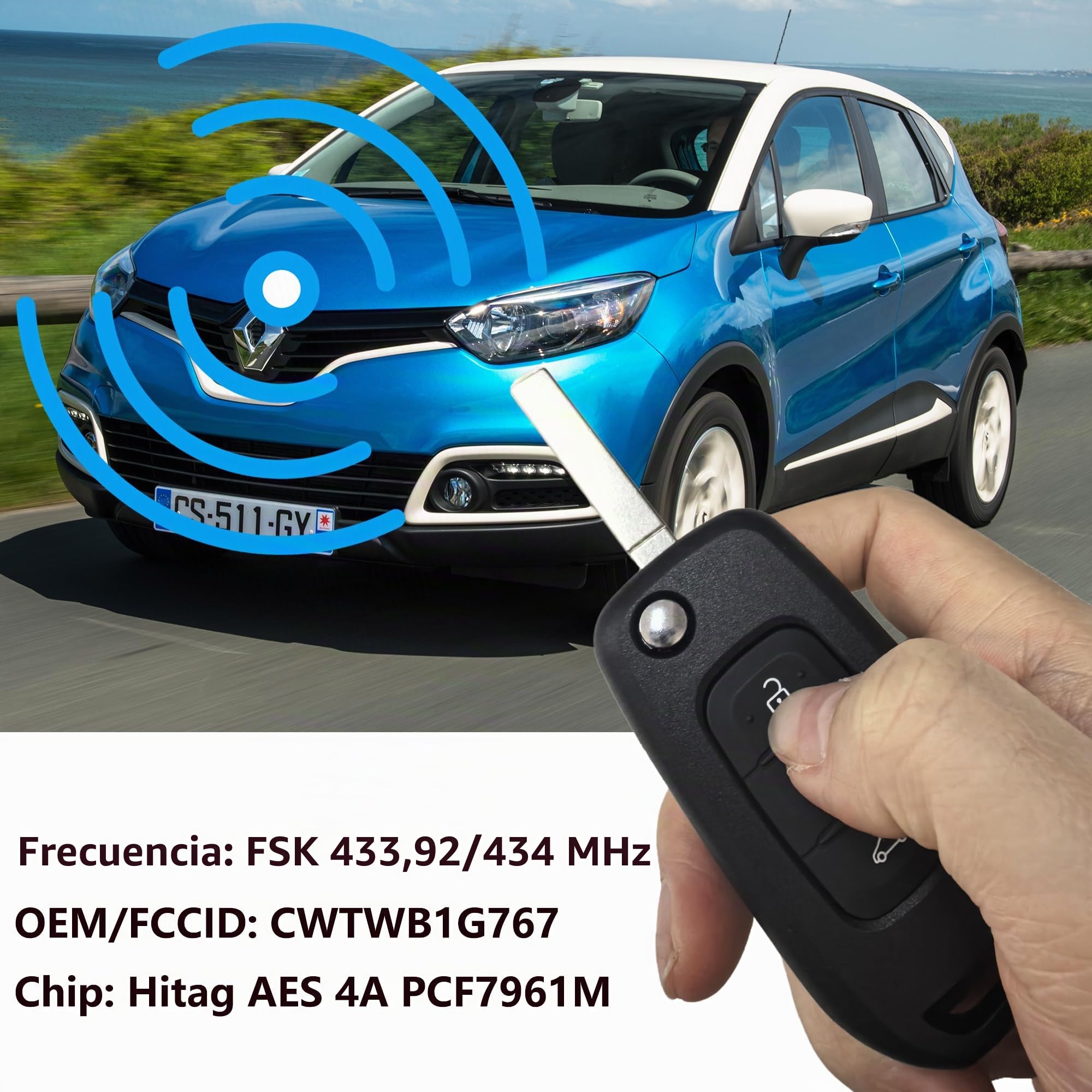 Heart Horse Carcasa Mando Llave de Coche 3 Botones Compatible con REN Ault Kadjar Captur Megane 3 Symbol Plegable Carcasa Repuesto Funda Llave con 433MHz 4A PCF7961M Chip VA2 Hoja(CWTWB1G767)