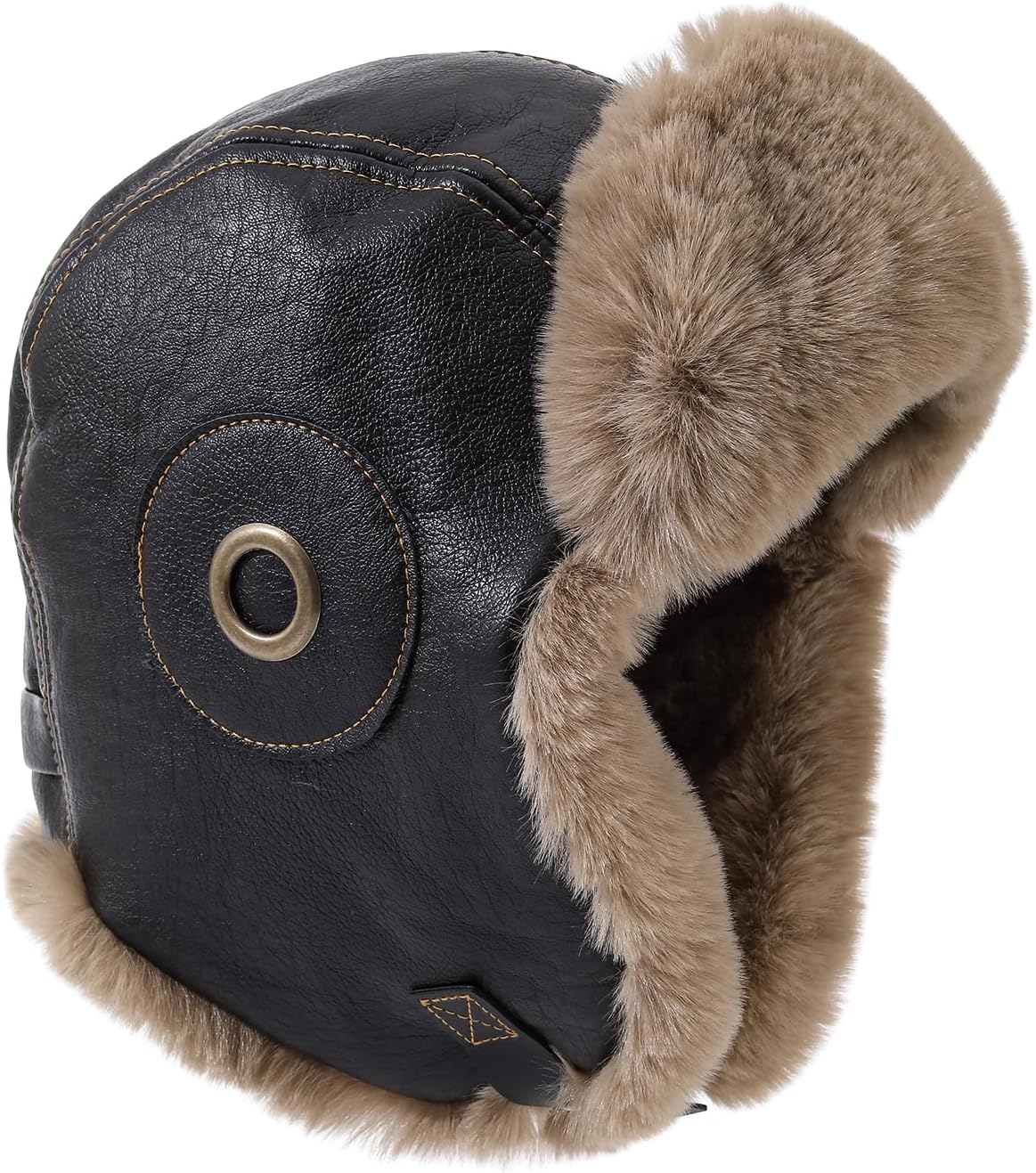 Winter Leather Trapper Hat Warm Trooper Hats for Men Faux Fur Aviator Russian Ushanka Hats with Earflaps Skiing Hat