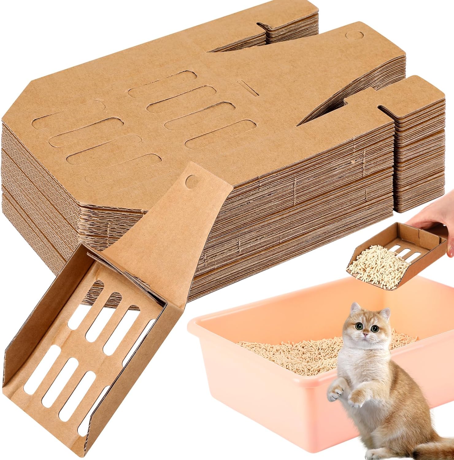 30 Pcs Disposable Cat Litter Scoops 8.3×3.3 Inch Portable Kitty Litter Scooper with Holder Shovel Cardboard Plastic Free Litter Scoop with Holes for Travel Cat Litter Box