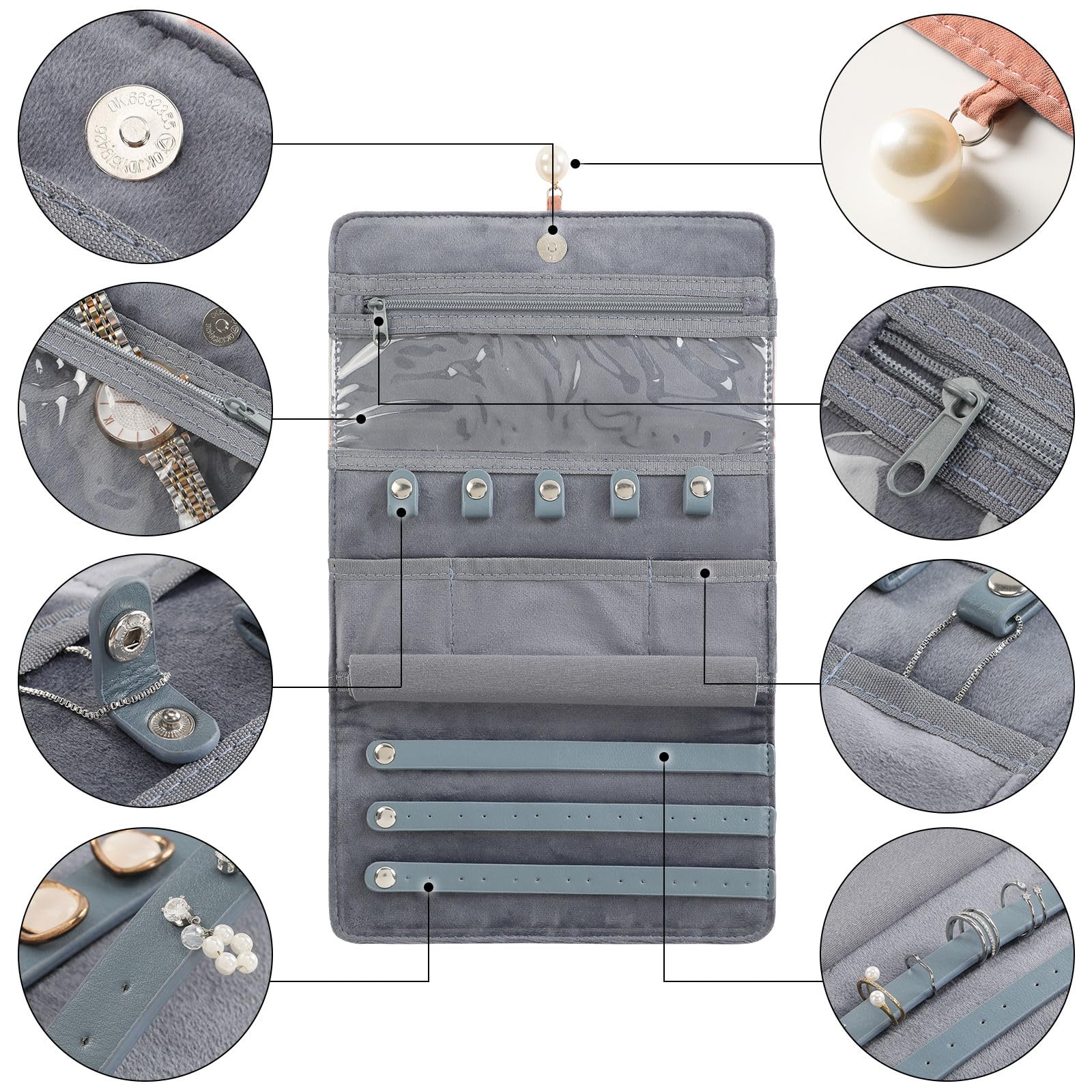 VanFn Rouleaux de bijoux, rouleau de rangement de bijoux de voyage, étui à bijoux pliable, sac de rangement de bijoux pour femmes pour bagues de voyage, colliers, boucles d'oreilles, bracelets