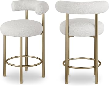 Meridian Furniture 547Cream-C Bordeaux Collection Modern | Contemporary Boucle Fabric Stool, Rich Cream Boucle Fabric, Brushed Brass Finish, Iron Metal Frame, 23" W x 22" D x 35.5" H, Cream, Set of 2