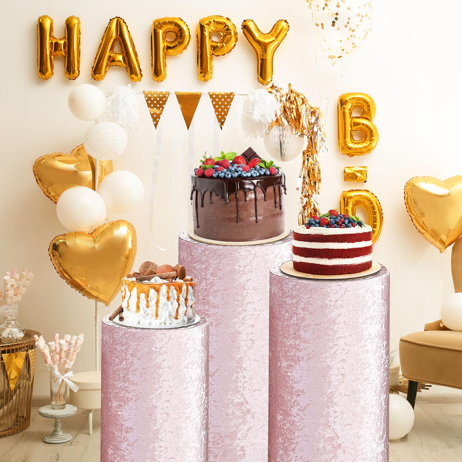sourcing map Juego de 3 fundas cilíndricas de elastano rosa para decoración de fiestas, bodas, cumpleaños, solo contiene cubiertas cilíndricas (tela de terciopelo, grande)