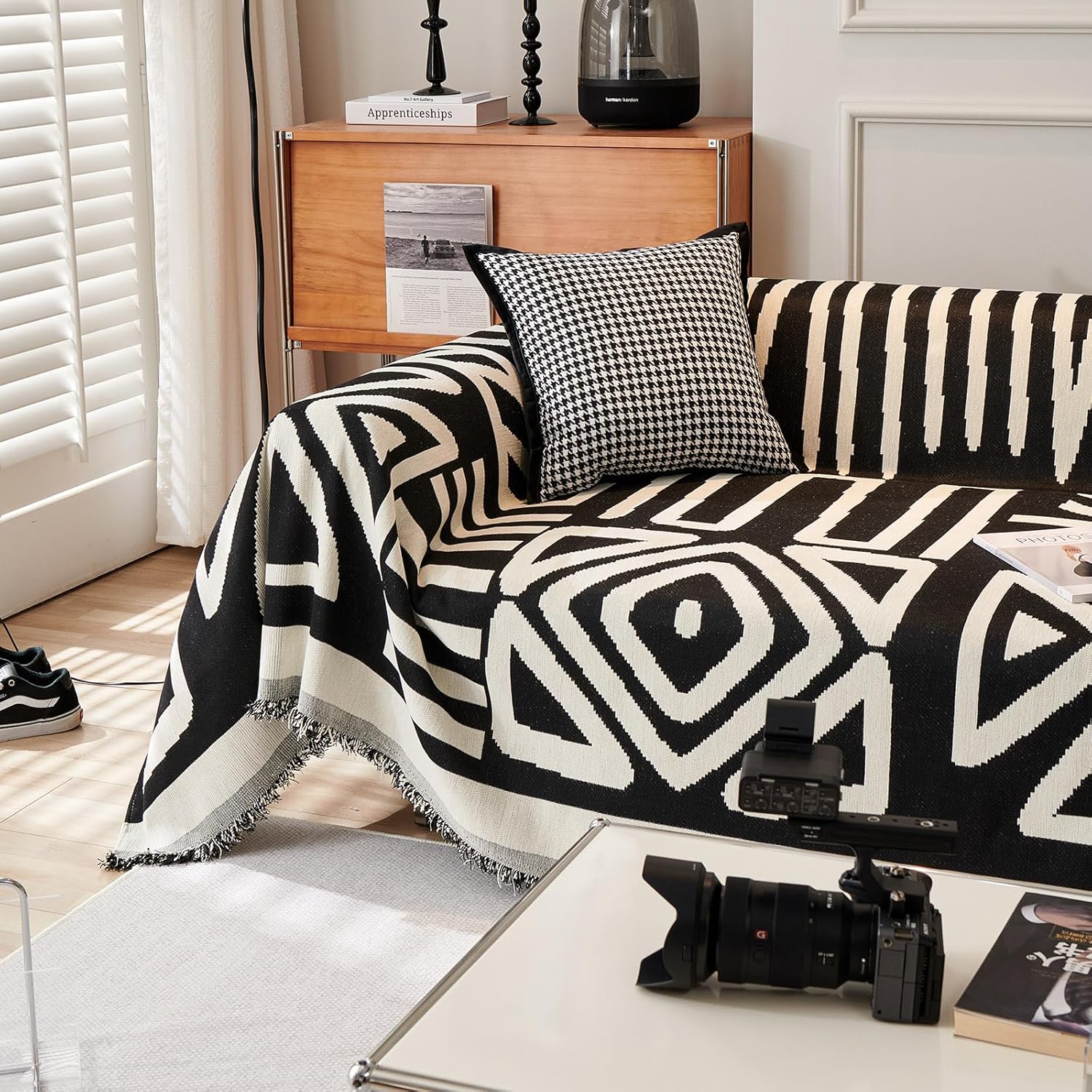 VClife Bohemian Sofa Cover for Couch, Washable Soft Sectional Couch Cover for Oversize Sofa, Non Slip Couch Covers Furniture Protector for Dog Pet, Cat Proof Sofa Slip Cover, White and Black 91"x150"