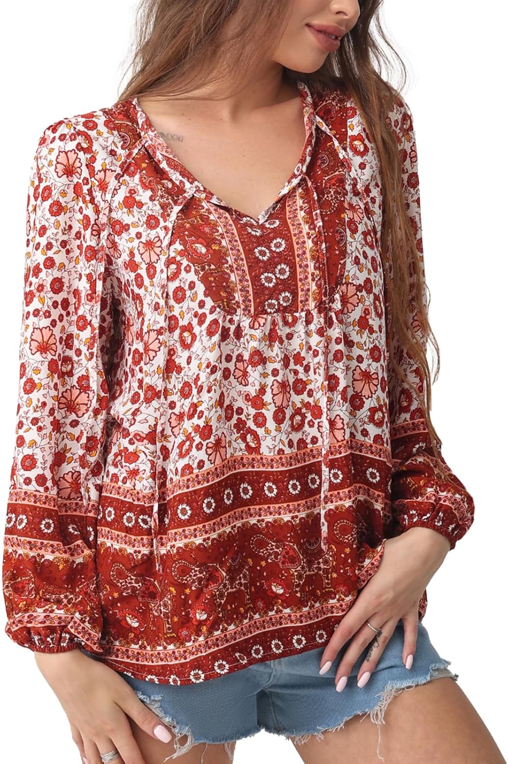 Women's Casual Floral Print V Neck Top Loose Boho Long Sleeve Beach Shirts Blouses