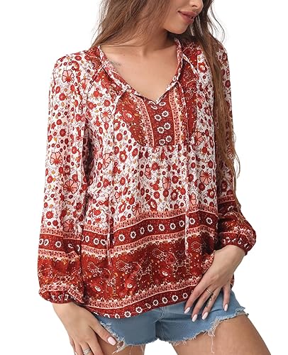 Women's Casual Floral Print V Neck Top Loose Boho Long