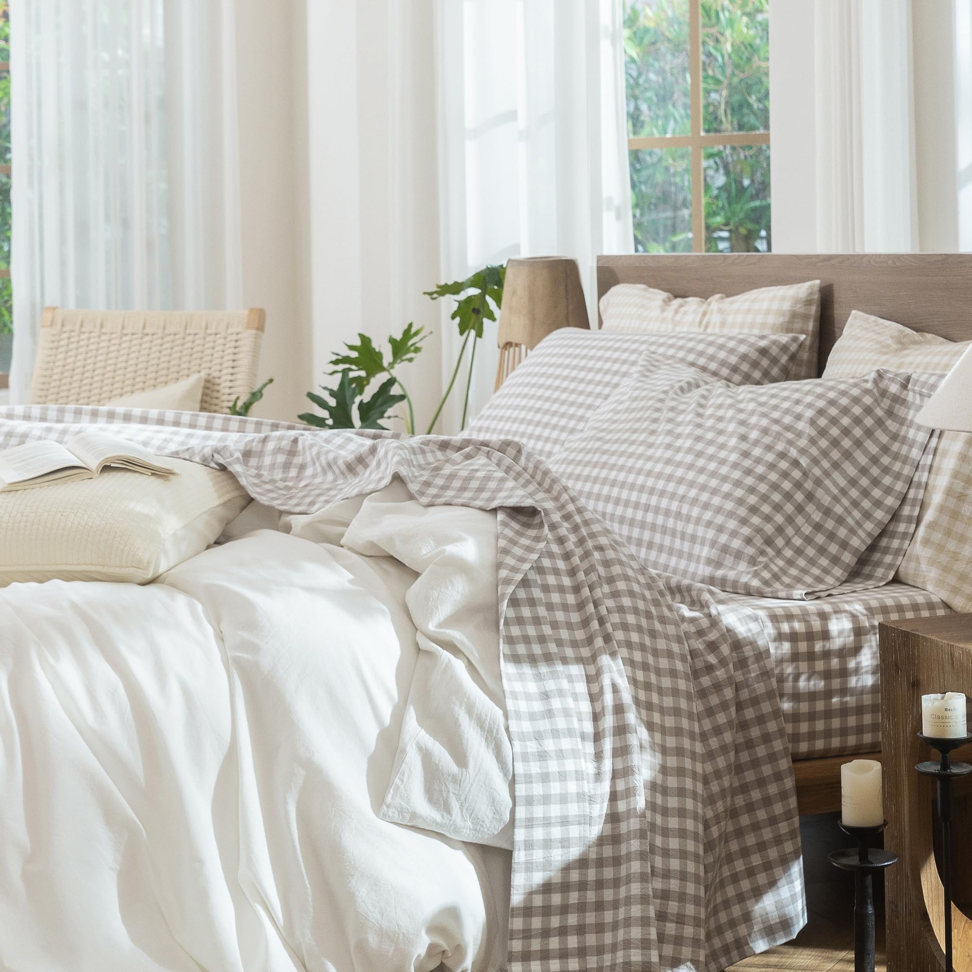 Amazon.com: MooMee Gingham Sheet Set 100% Washed Cotton Lived-in