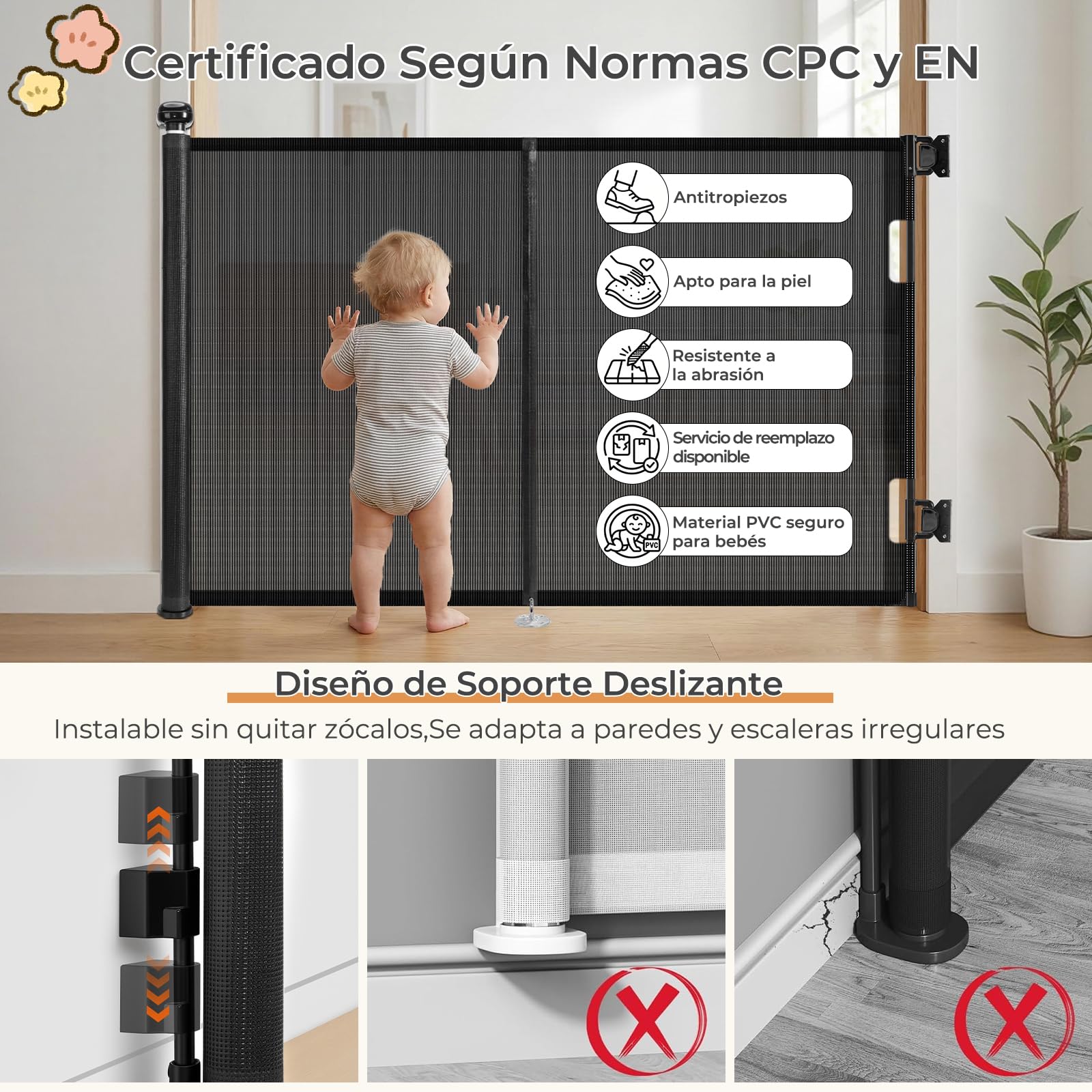 Ycozy 2026 Barrera Seguridad Niños Escalera Extensible 0-150cm Puerta Escalera Bebé Seguridad Retráctil con Diseño Barra Reforzada, Valla para Perros Infantil Pasillo Interiore Exteriore