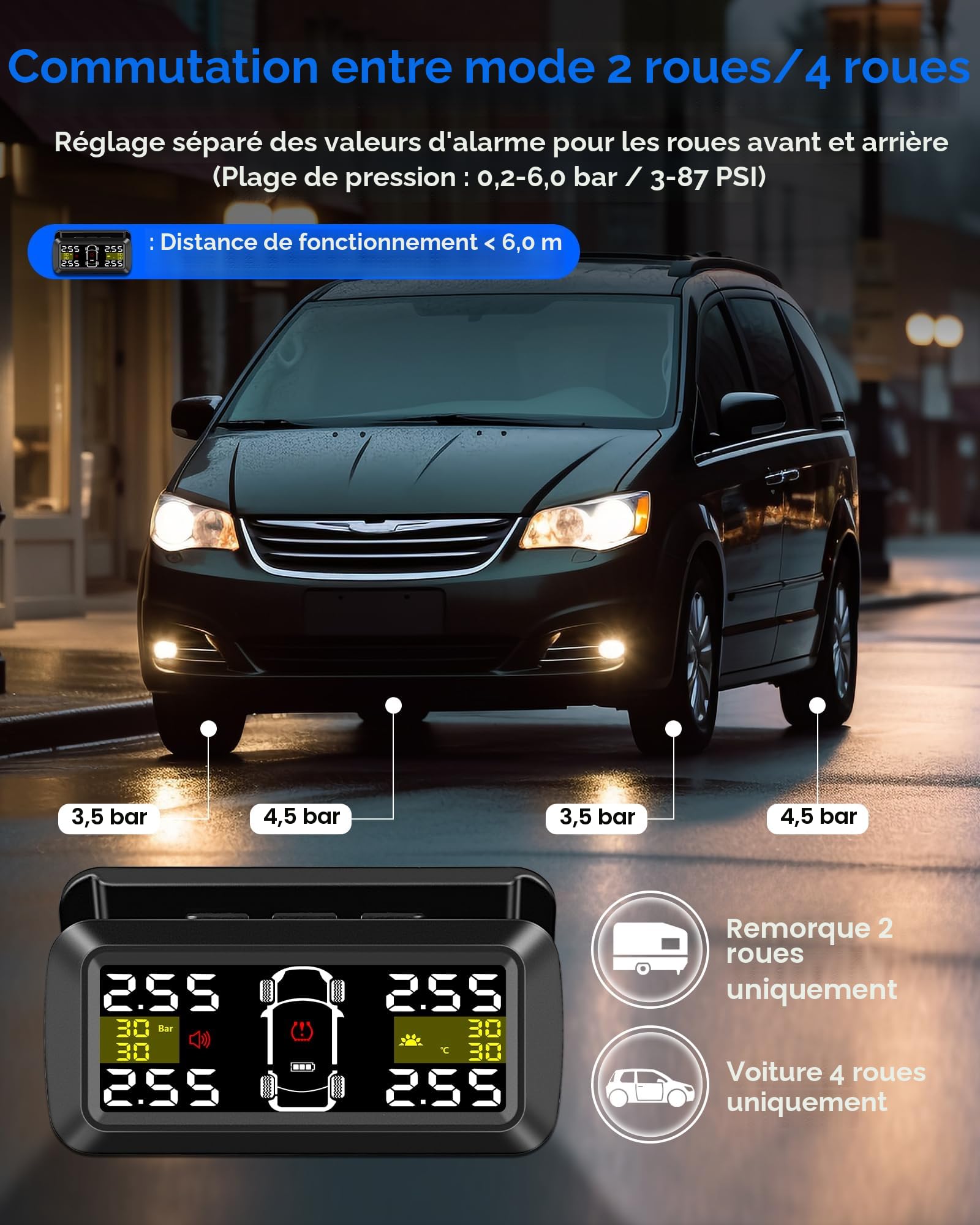 TPMS Système de Surveillance de la Pression des Pneus 【2/4-Roues Mode】0.01 Bar Haute Précision Recharge Solaire avec 3.5 Pouce Support Amovible avec 4 Capteur Pression Pneu pour Voiture SUV 5-87Psi