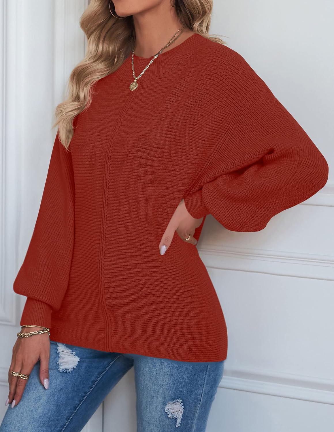 TECREW Women's Batwing Long Sleeve Crew Neck Pullover Sweater Soft Ribbed Knit Sweater Top