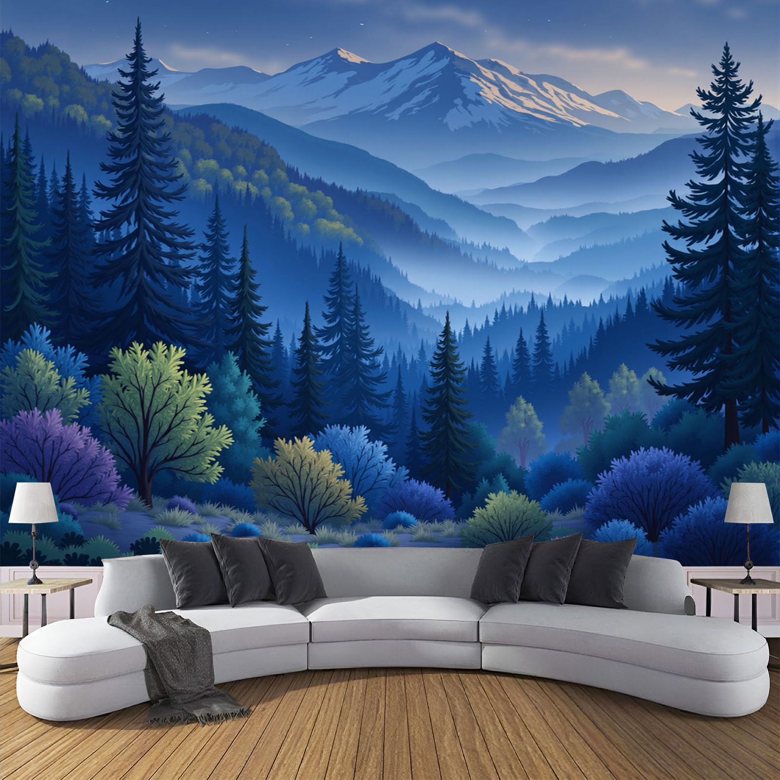 Papier peint panoramique photo paysage forestier bleu déco murale xxl