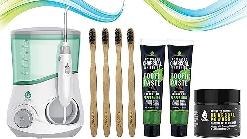 Pursonic OI-200 - Irrigador bucal profesional con 4 cepillos de dientes de bambú ecológicos 100% naturales, 2 pasta de dientes blanqueadora de