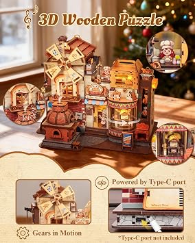 CUTEBEE 3D Wooden Puzzles for Adults - Bread Factory Bakery 576pcs Wooden Mechanical Model DIY Building Kit with Music and Lights, Bookshelf Decor, DIY Craft Gifts for Adults(Bread Factory)