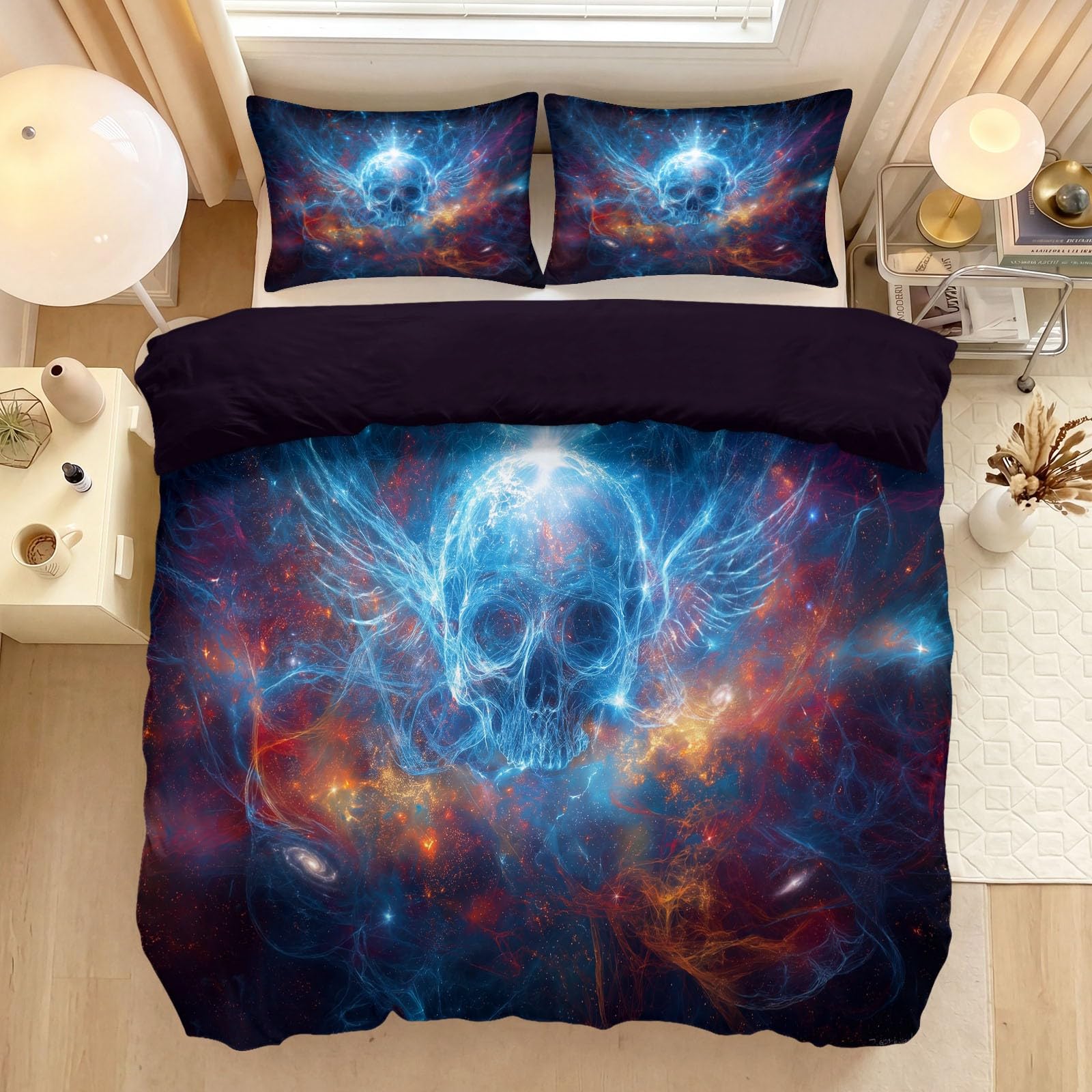 Parure de lit King tête de mort lueur bleue avec housse de couette 220x240 et taies
