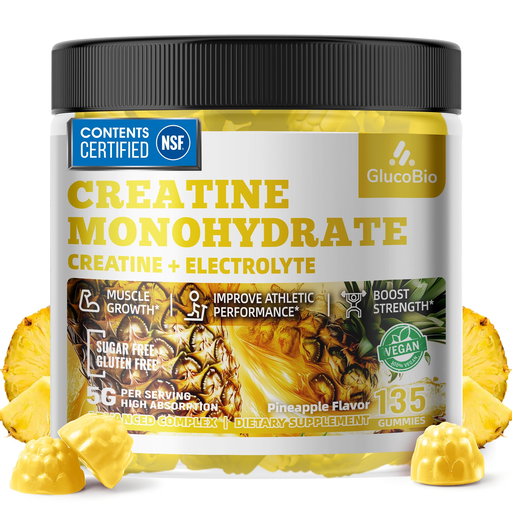 Creatine Monohydrate Gummies 5g Pre-Workout Energy Muscle Growth Support for Men Women Pineapple Electrolyte Gummies 135 Count
