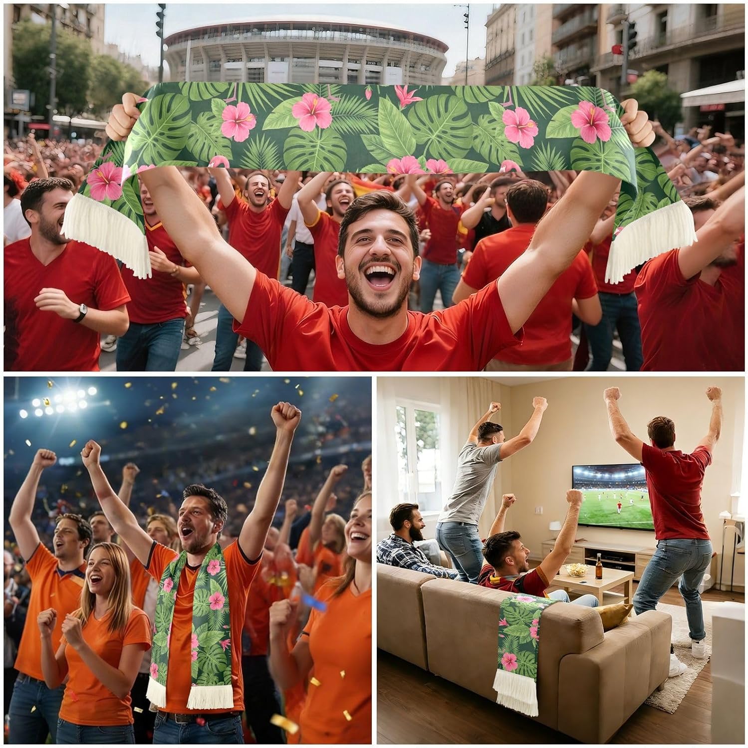 CHIFIGNO Tropical Flamingo Green Dark Sports Fan Scarf Towel, 100% Polyester Quick Dry Cheering Scarf for Soccer Games, Soft Absorbent with Fringe Ends