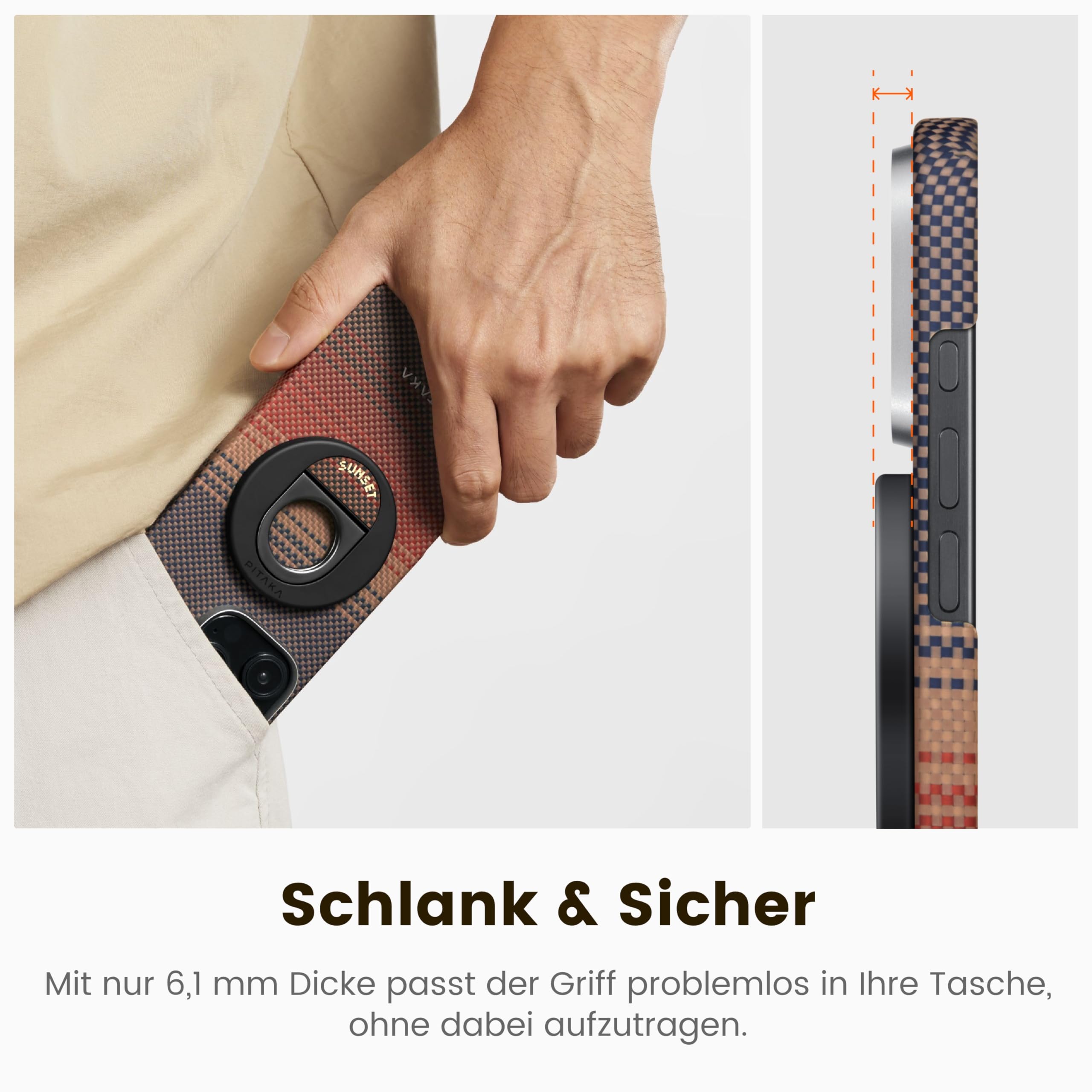 pitaka Handy Ring Halterung Magnetischer Griff Ring Halter mit Doppelring Einstellbar Fingerhalter Handy Ständer aus Aramidfaser für iPhone 17/16/15/14/13 Schwarz/Grau
