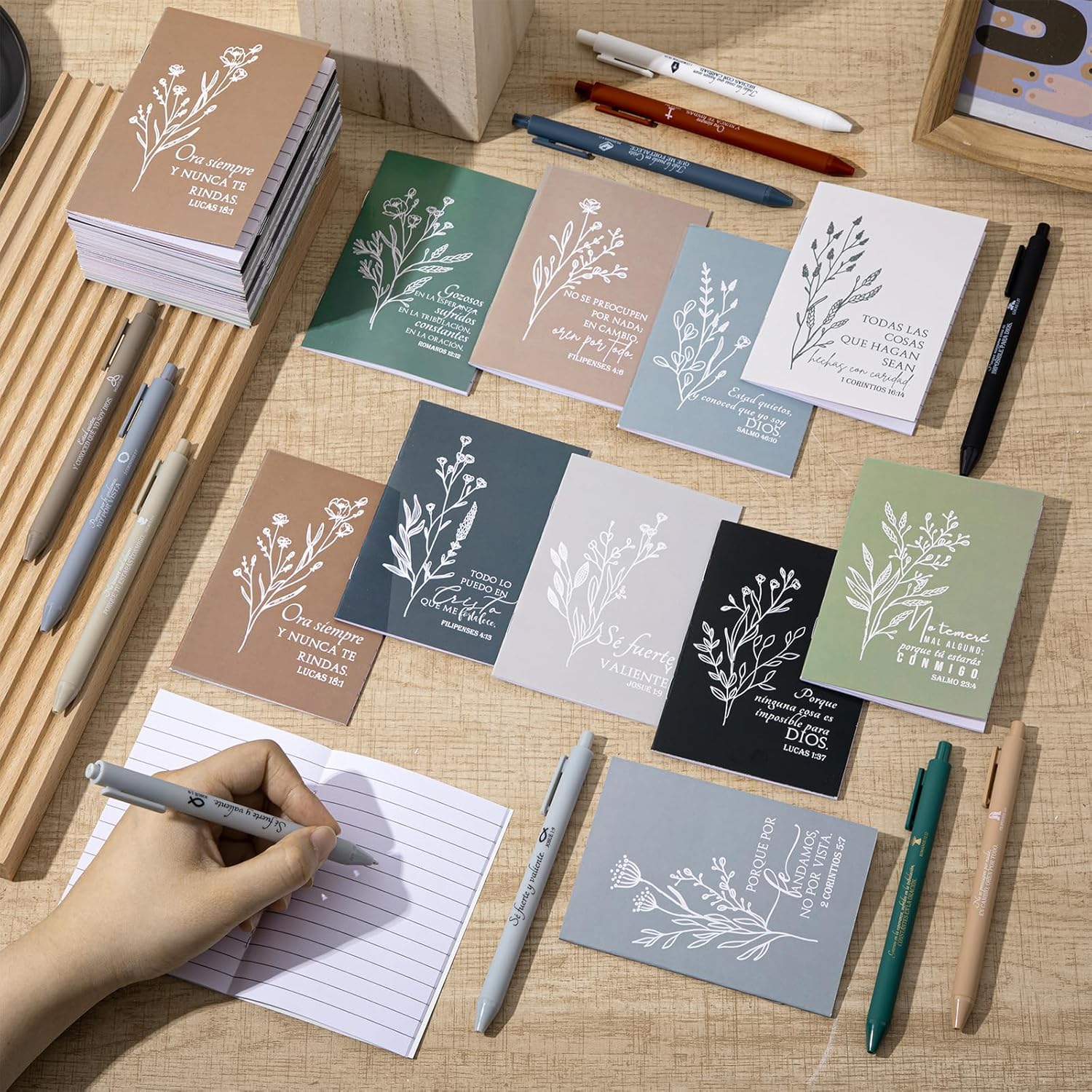 Kosiz 80 Pcs Spanish Christian Gifts for Bible Verse Notepads Ballpoint Pens Mini Scripture Notebook Inspirational Easter Christian Gifts for Women Men(Fresh Colors) - Image 4