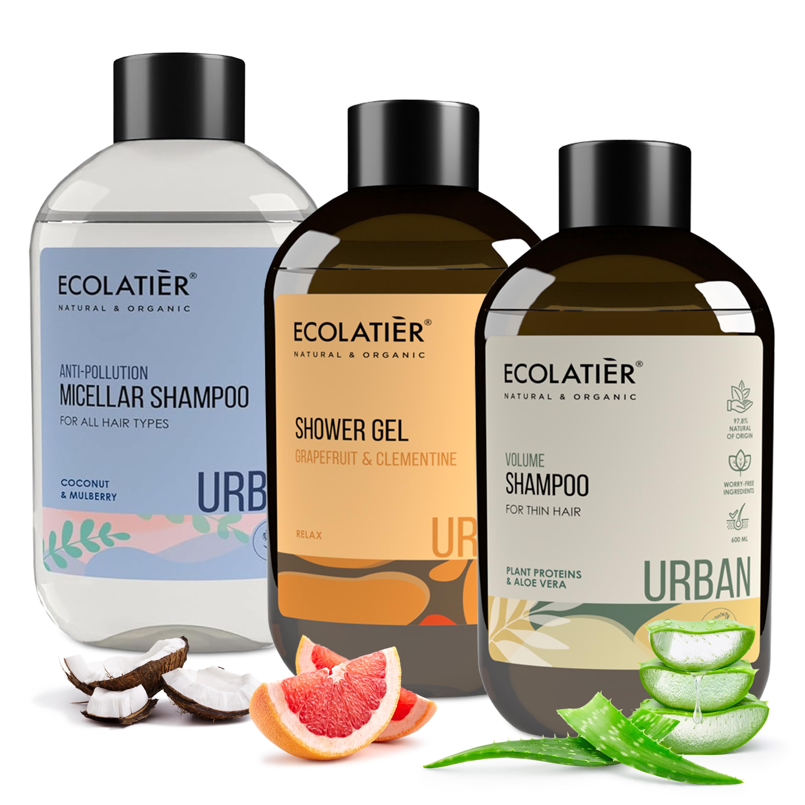 ECOLATIÈR Shower Gel Grapefruit & Clementine + Micellar Shampoo & Nourishing Balm - Complete Hydrating Skin & Hair Care Set with Dragon’s Blood, Vitamins, and Natural Oils