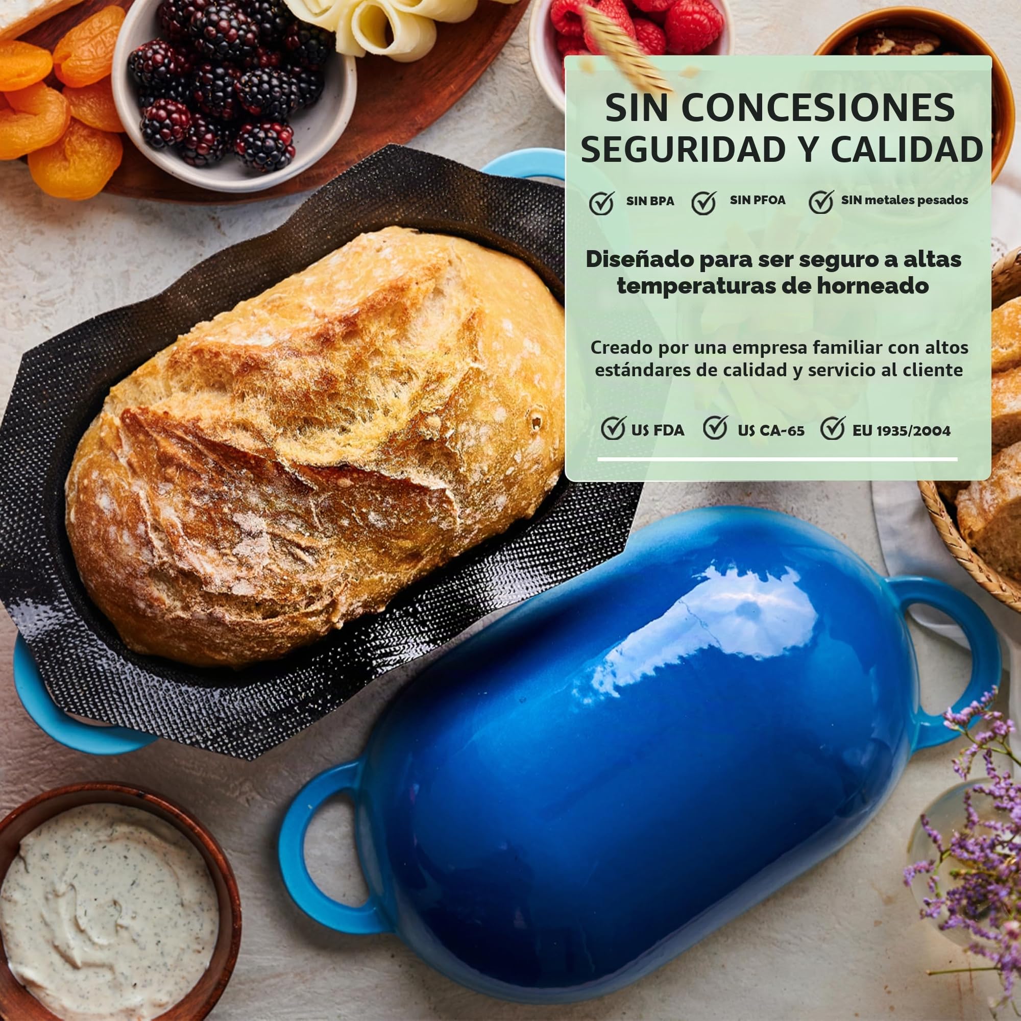 LoafNest World's Easiest Artisan Bread Kit. Cast iron casserole [Blue Gradient] and Non-Stick Perforated Silicone Liner