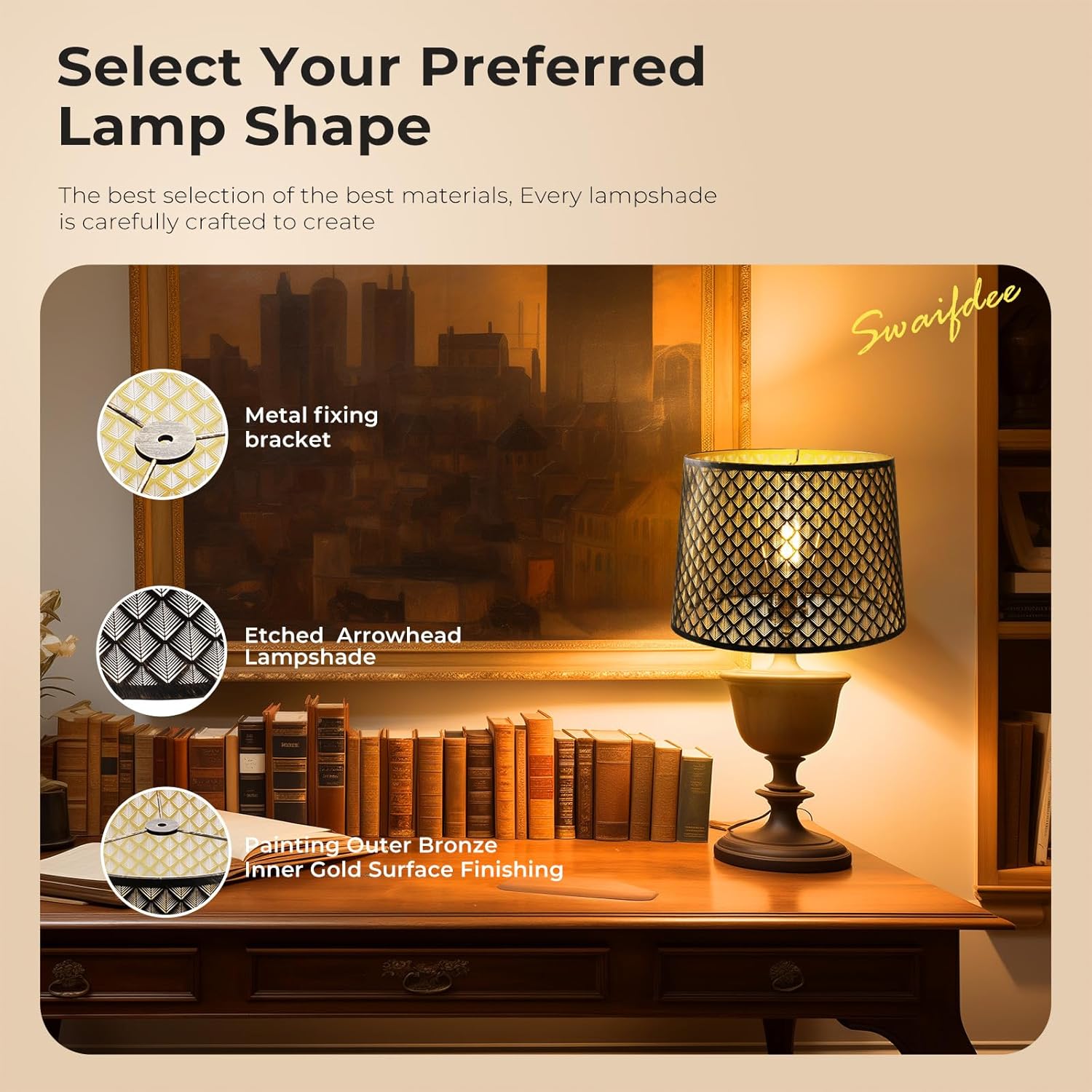 Drum Metal Lamp Shade with Etched Small Arrowhead Pattern, 14x16x11 inches, Vintage Iron Cover, Antique Copper and Gold, Metal Lampshade for Bedroom Living Room and Table/Floor Lamps Replacement