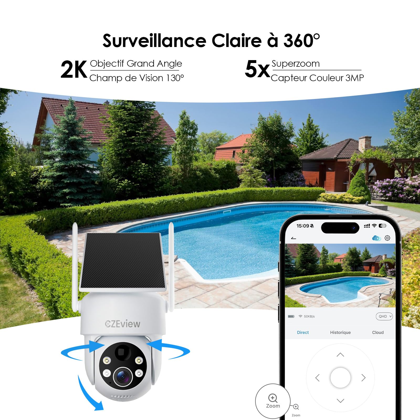 CZEview 2K Camera Surveillance WiFi Extérieure Solaire sans Fil, Blanche | 100 % sans fil, HD 2K, vision nocturne, alertes de mouvement, PTZ 360°, IP65 , grande autonomie de la batterie