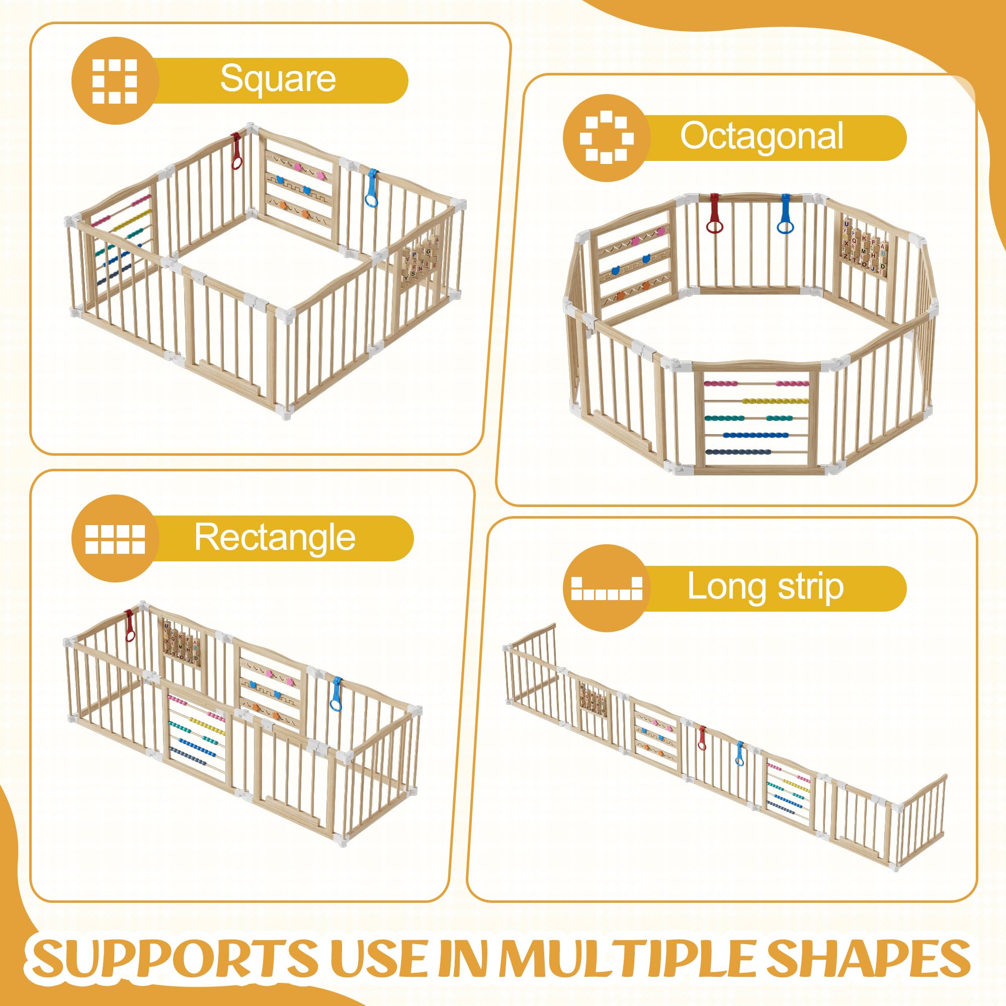 MSFE Parc Bebe Pliable Bois,8 éléments Playpen Baby avec Porte,Verrou de Sécurité et Jouets D'activités Montessori,Taille et Forme Réglables,Espace d'éveil Joyeux pour Bébés et Tout-petits