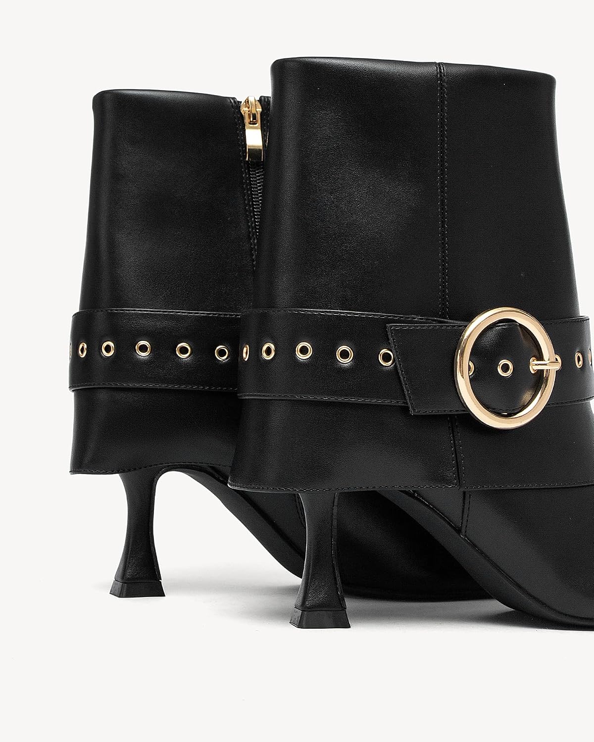 NEWBELLA Women's Pointed Toe Ankle Boots – High Heel Short Booties with Gold Buckle Strap, Slip-On Side Zipper Fashion Dress Boots for Fall Winter