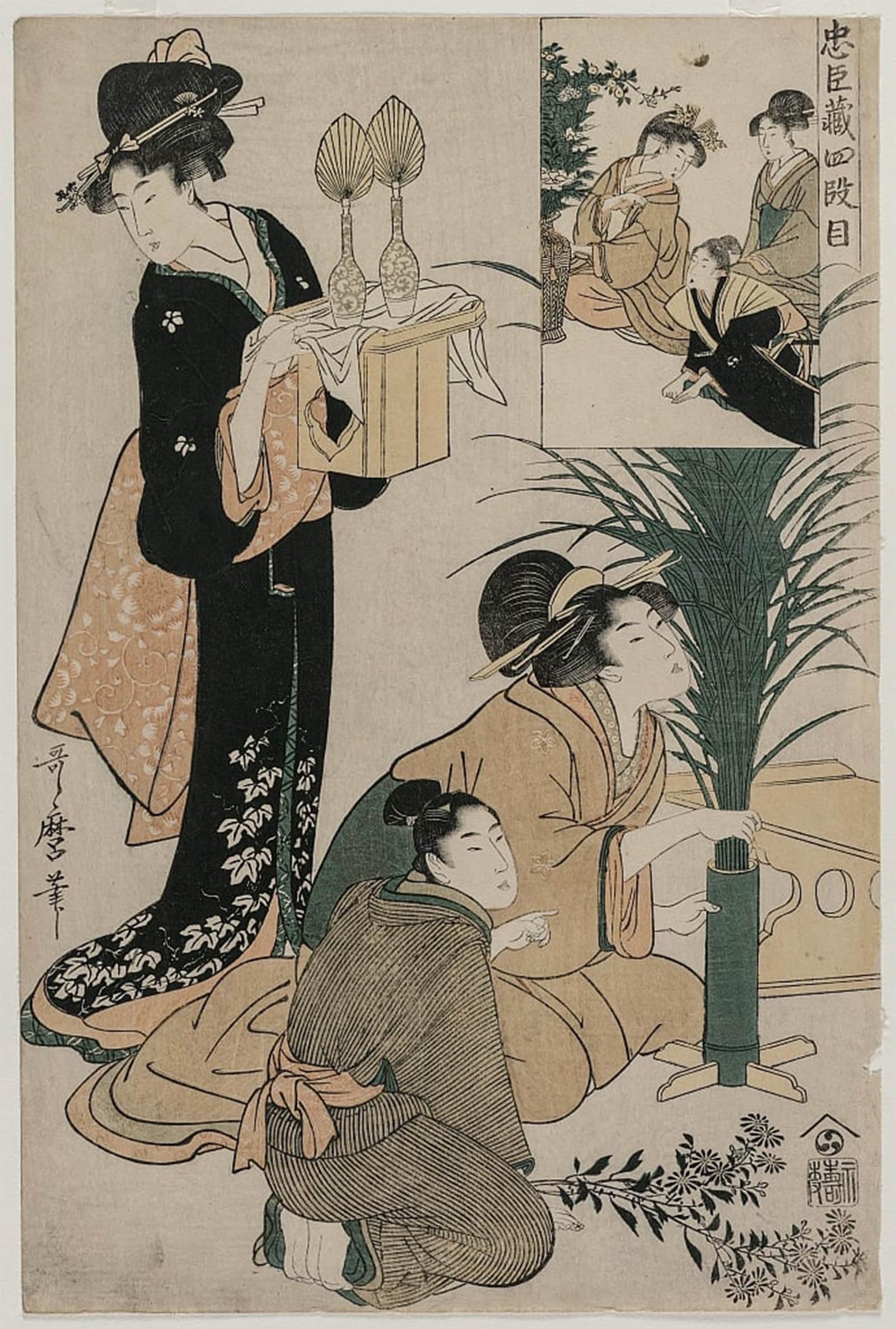 HRJUBWREE Famous Paintings Pictures Artwork Picture a Triple Portrait of Ohan of the Shinanoyahoemon and His Wife Okinu by Kitagawa Utamaro Photo Wall Print for Office Decor 60x90cm
