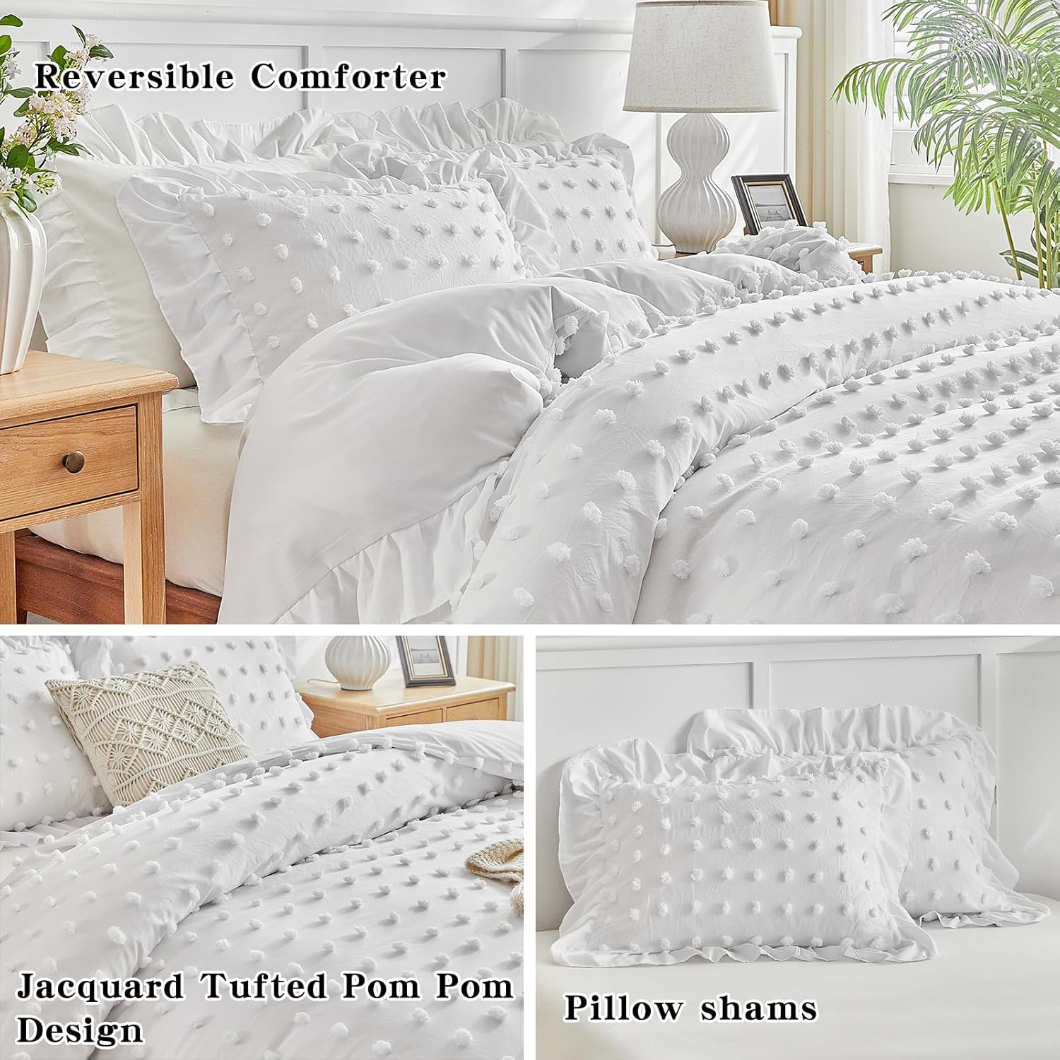 Flysheep Tufted Dots Ruffle Duvet Cover Set King Size, 3 Pieces Vintage Farmhouse Shabby Chic Ruffled Duvet Cover with Zipper Closure, Luxury Jacquard Boho Bohemian Bedding Set (White, King)