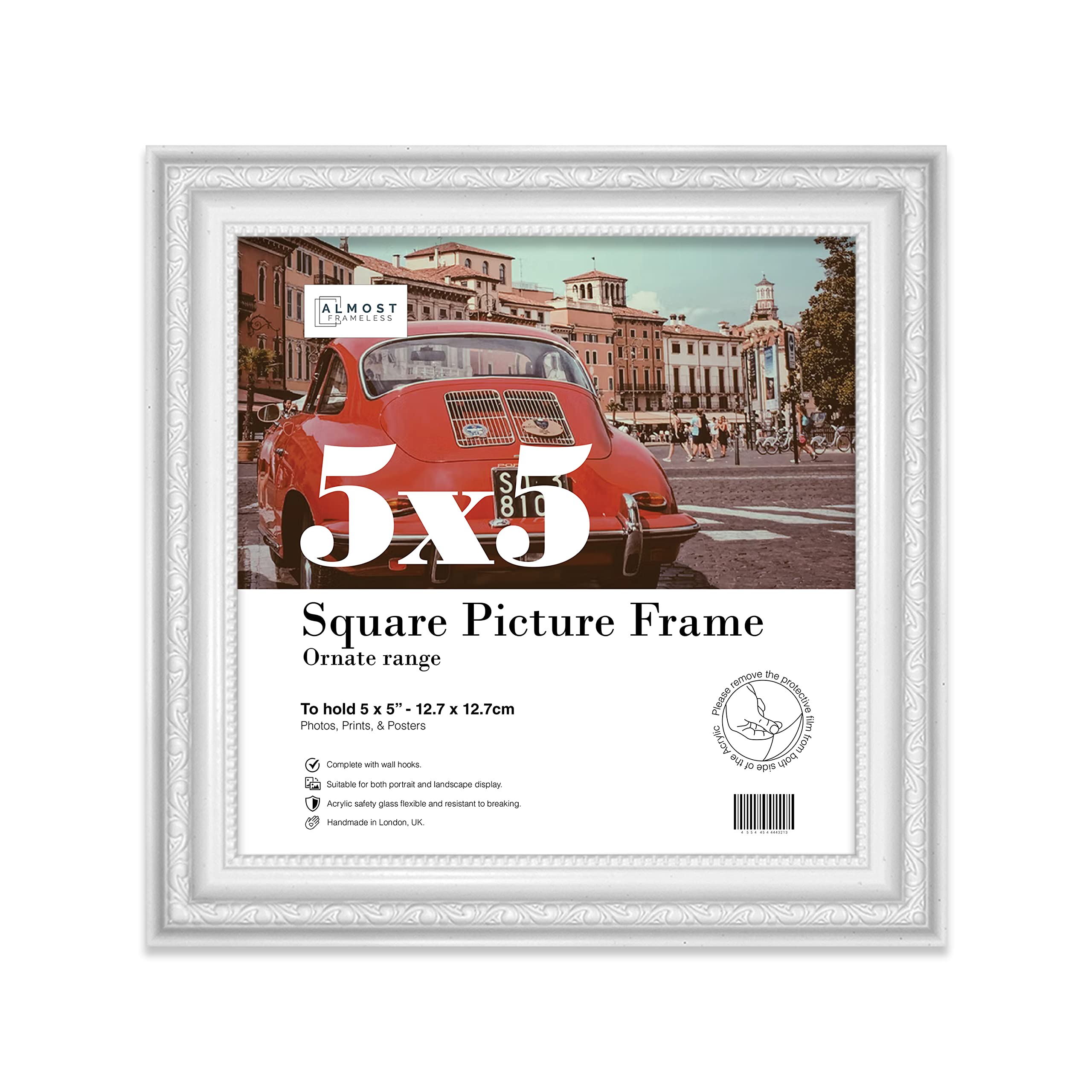 Almost Frameless 5x5 White Ornate Picture Frame 5"x5" (12.7x12.7cm) Poster, Photo, Artwork, or Print. Baroque Style Portrait and Landscape Display with Wall Hooks