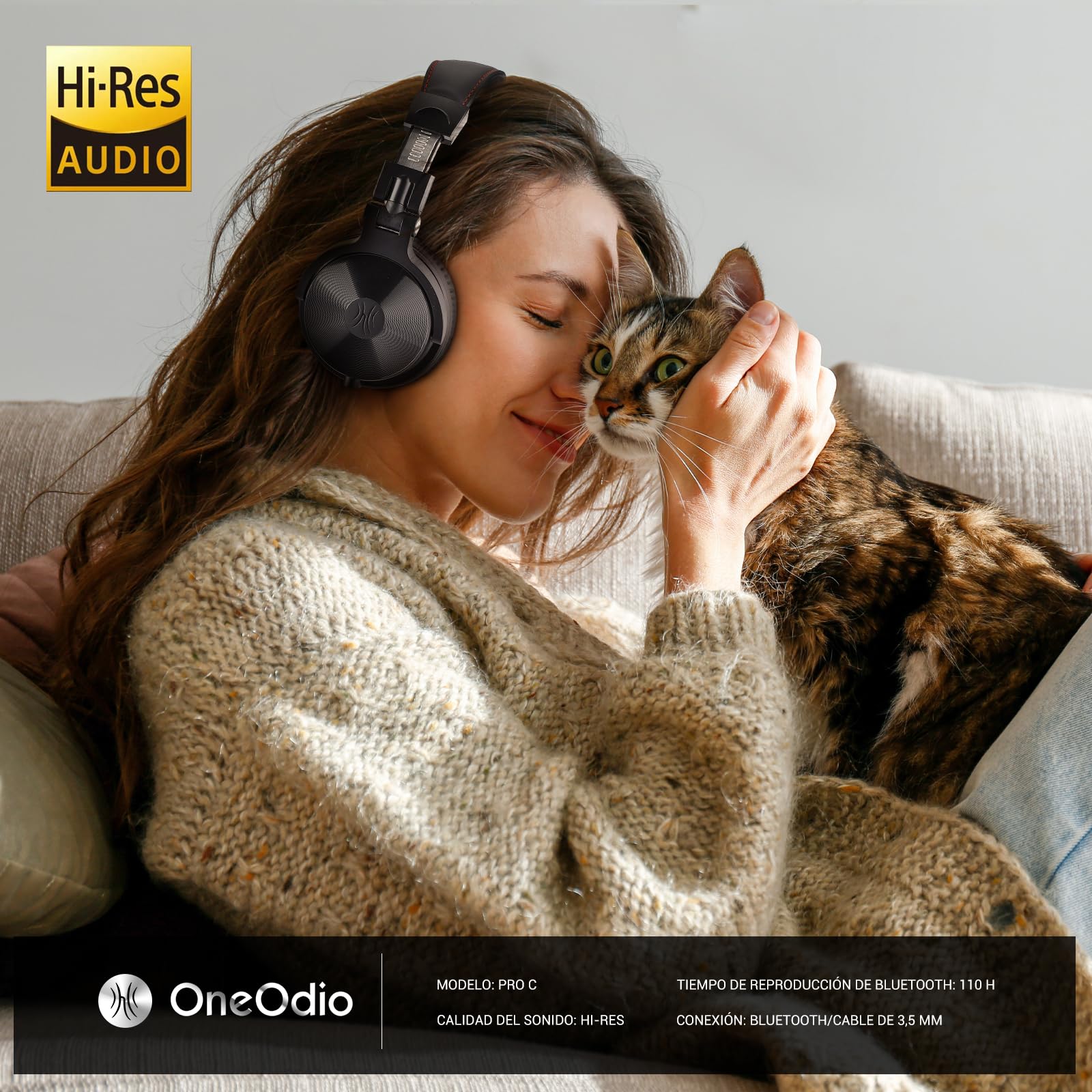 OneOdio Auricurales Bluetooth Inalámbricos 110H, Auriculares HiFi de 50mm Altavoz con Micrófono CVC 8.0, Auriculares con Cable para Móvil PC Portátil, Orejeras Proteicas 90° Ajustable para DJ