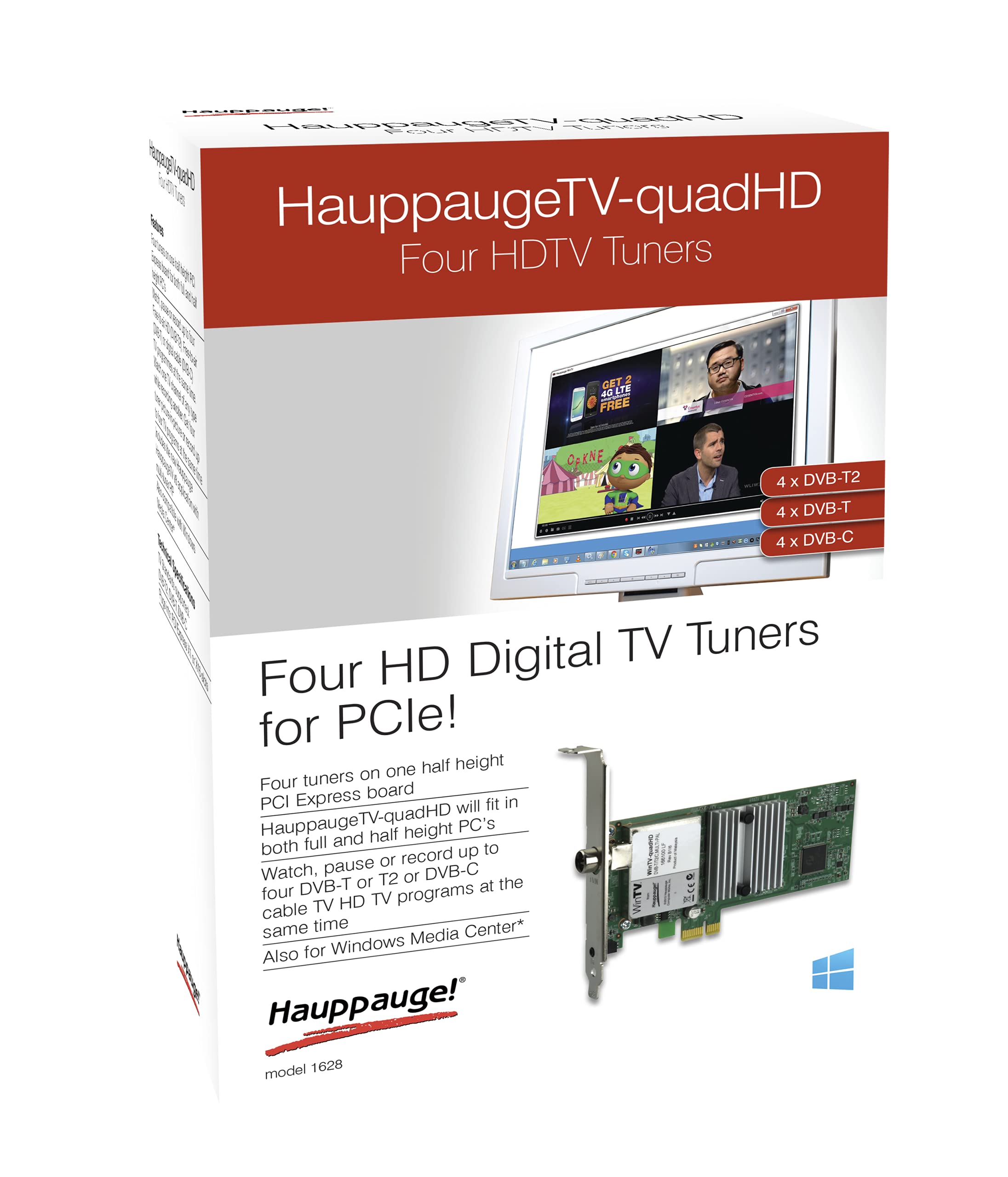 Hauppauge WinTV-quadHD - 01607 - Carte PCI-Express HD, Compatible DVB-T/T2 et DVB-C, Regarder ou d'enregistrer jusqu'à Quatre chaînes TV simultanément. Compatible avec Windows 11, 10, 8 et 7.