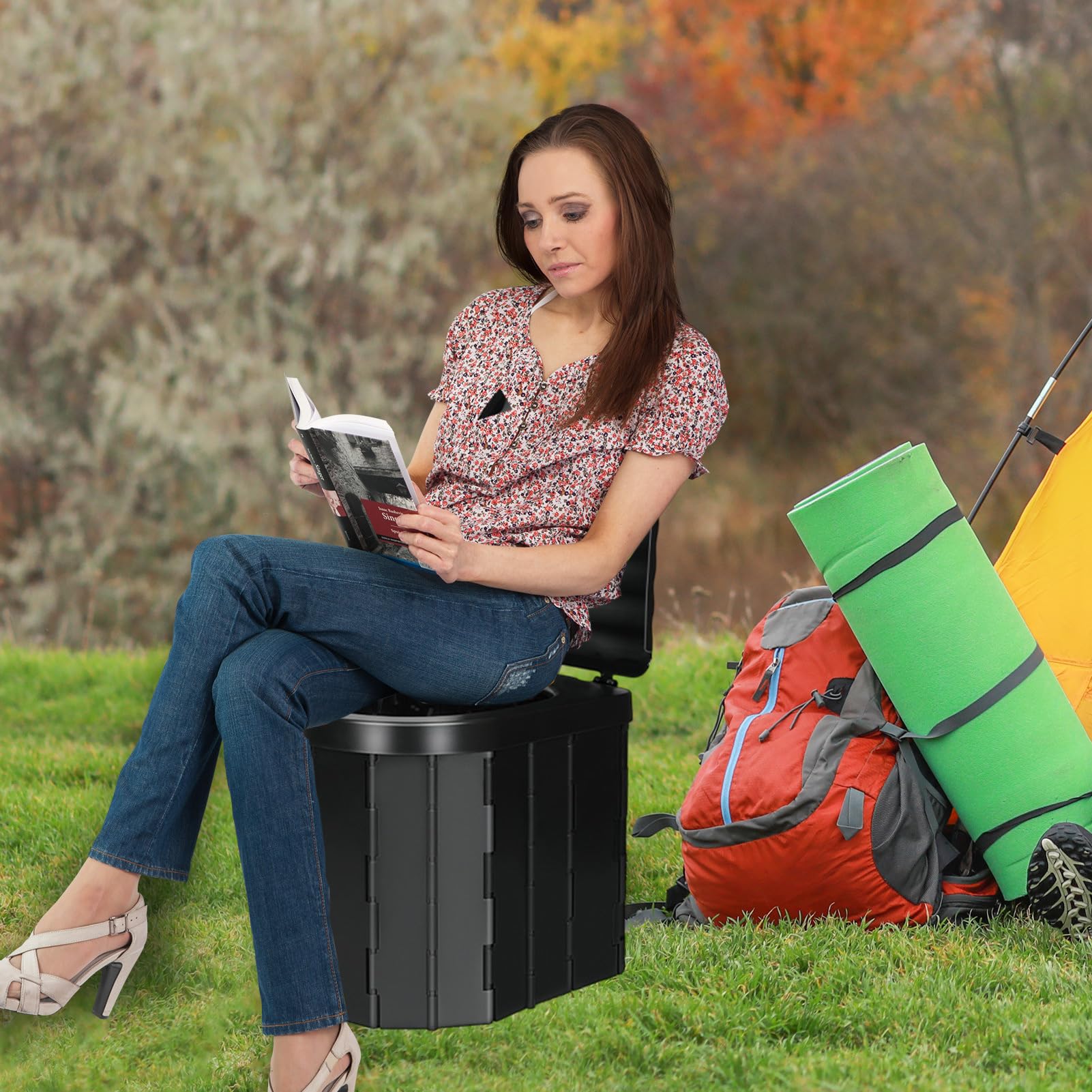 Inodoro plegable portátil, asiento de inodoro plegable para exteriores, con 15 bolsas de basura y bolsa de almacenamiento, para baño de camping