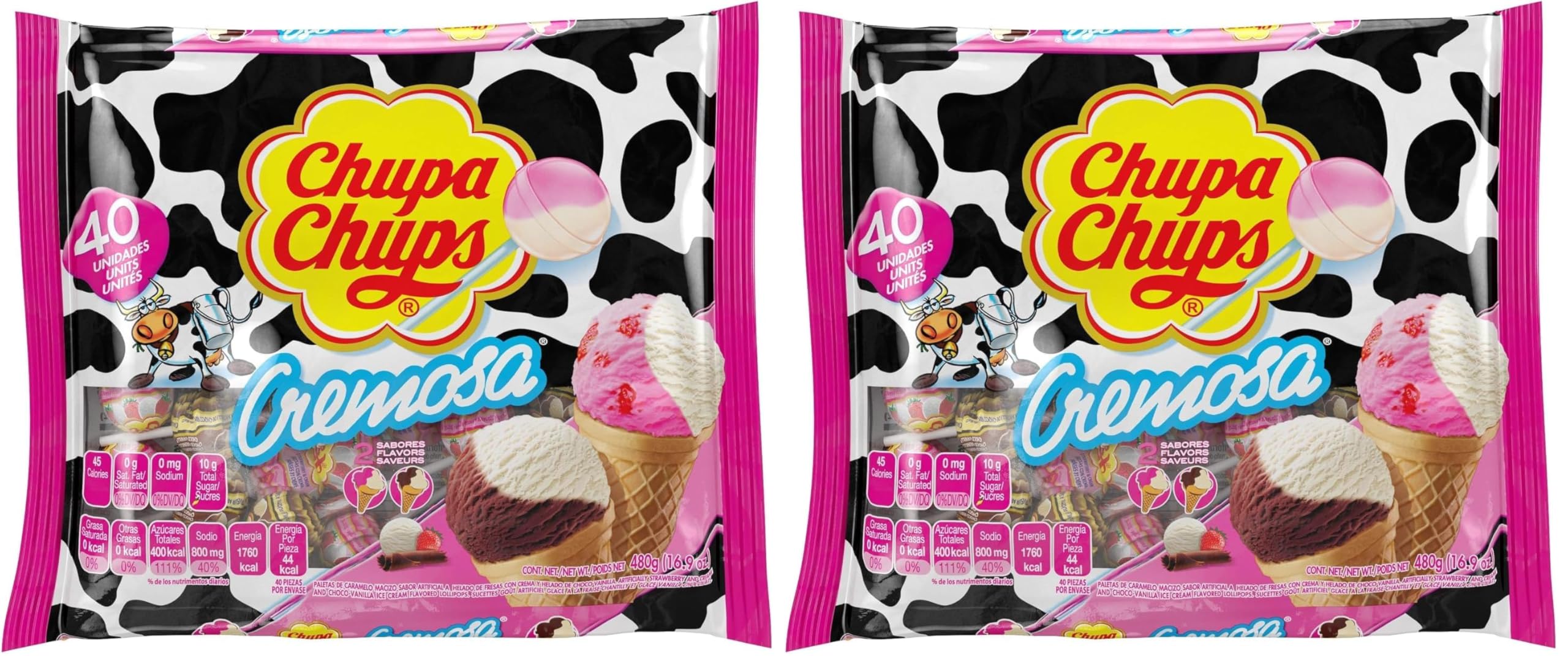 Cremosa Lollipop Assortment, 2 Ice Cream Flavors, Individually Wrapped Candy for Kids, 16.9 OZ Bag (40 Suckers) (Pack of 2)