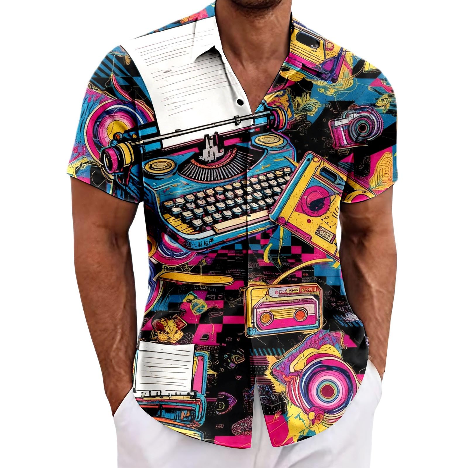 RUMAOZIA Men's Hawaiian Shirt 80s 90s Style Short Sleeve Carnival Fancy Dress Outfit 80s Shirts 90s Button Up Shirt Retro Hawaiian Beach Shirt Neon Disco Funny Party Shirts Colourful Vintage Shirts — image 1