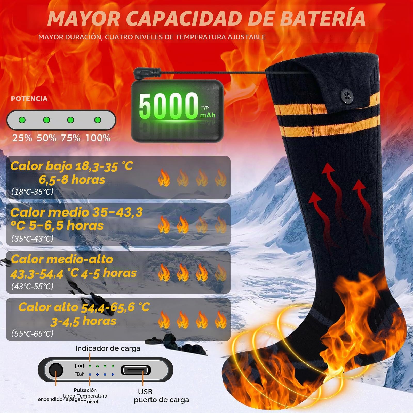 Calcetines calefactables, últimos Calcetines calefactables Recargables de 2023, batería Extra Grande de 5000 mAh, Larga Vida útil hasta 65 °C, Gran Superficie calefactora