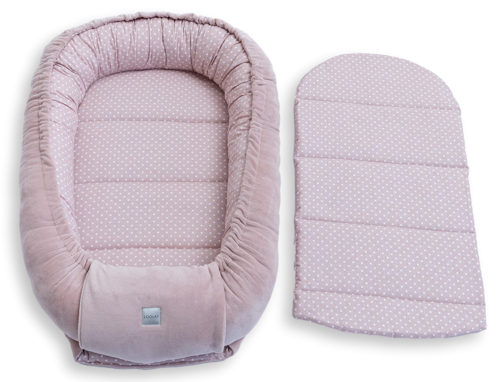 LOOLAY Nid de bébé, tour de lit pour nouveau-né - tour de lit bébé 91 × 63 cm avec matelas, nid portable en velours velours & coton (rose velours/pois rose)