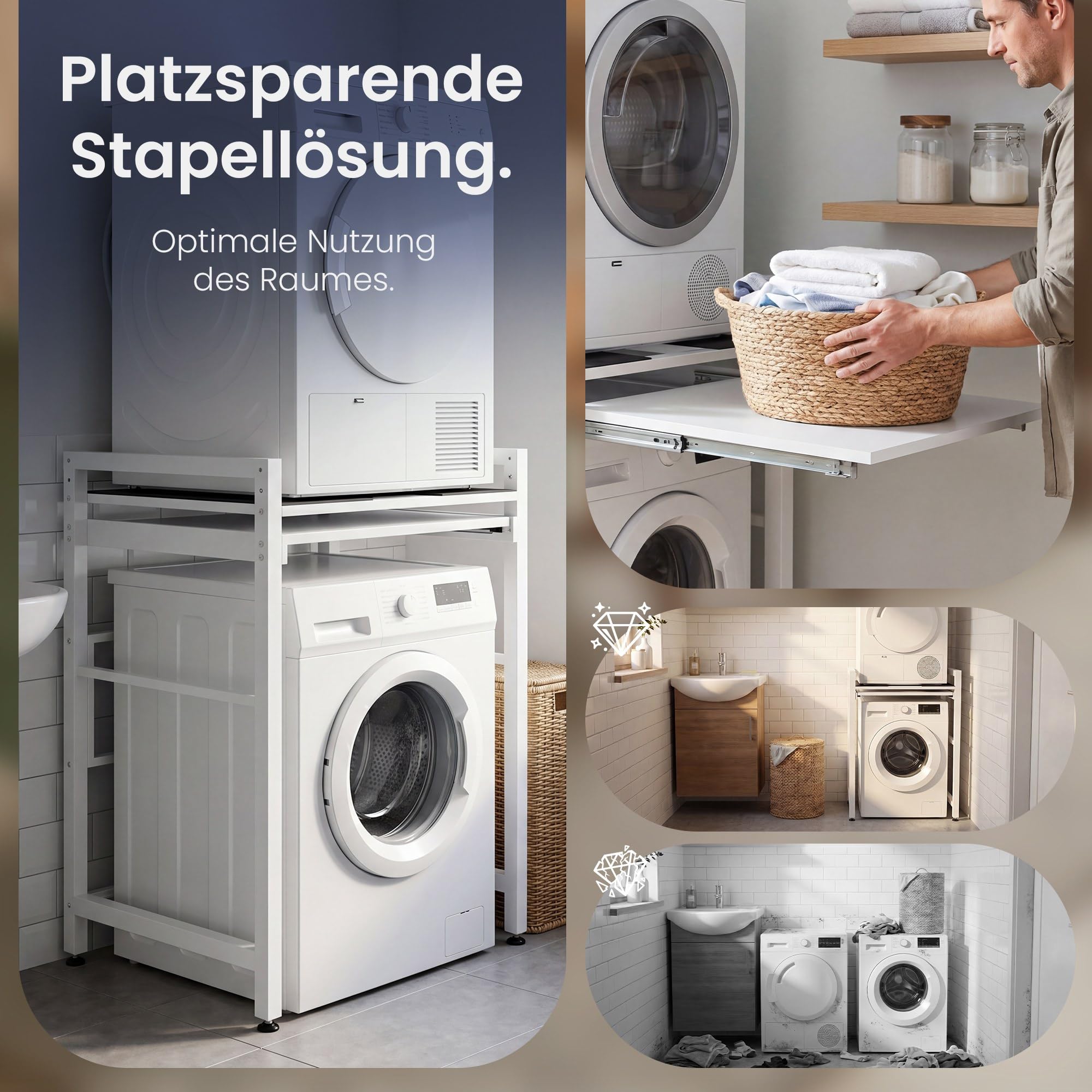 CLP Waschmaschinenregal Metall Überbau Alara, Stapelrahmen für Waschmaschine und Trockner, ausziehbar, bis 300 kg weiß
