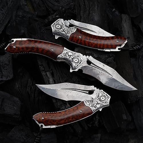 Miniatura 3 de SPIRIT DEED Cuchillos hechos a mano japoneses VG10 Damasco cuchillo de bolsillo de supervivencia salvaje cerradura forrada con mango de madera de