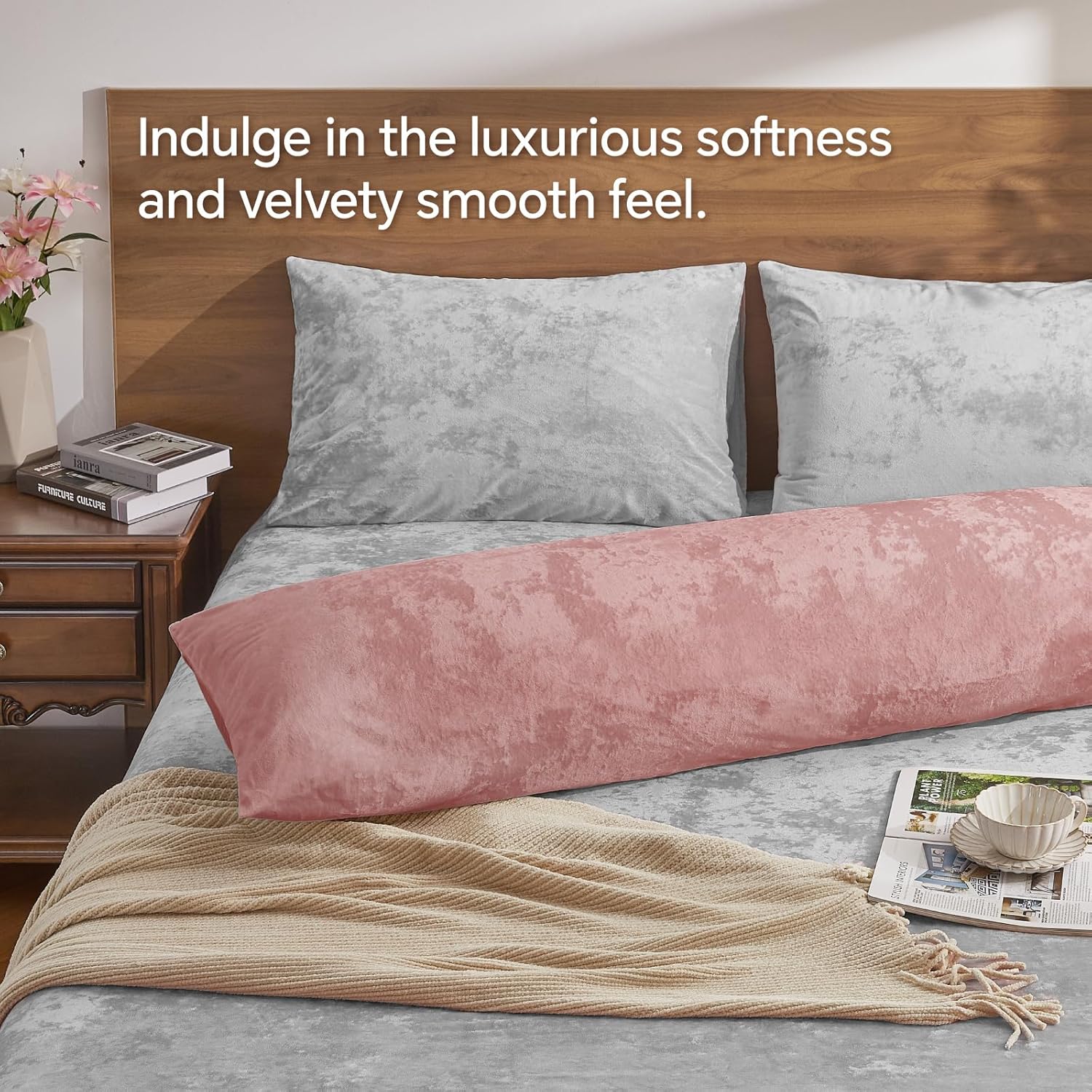 BEDELITE Velvet Body Pillow Cover with Zipper, Soft and Plush 20x54 Long Pillow Case, Velvety Smooth and Cozy Body Pillow Pillowcase for Bedroom and Couch, for All Seasons(Dusty Pink) Dusty Pink 54" x 20" (Pack of 1)