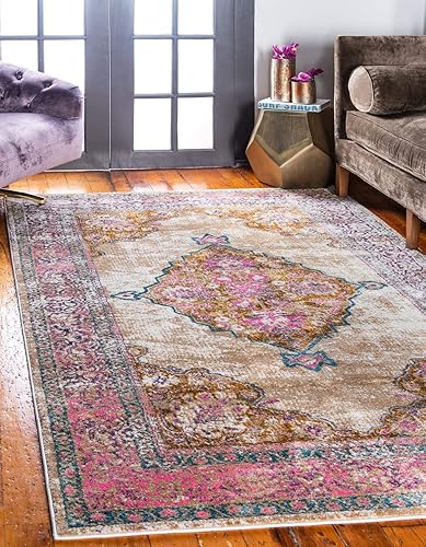 Unique Loom Aurora Collection - Alfombra de área de transición abstracta abstracta del suroeste botánico (5 pies x 8 pies, rectangular, beige y rosa)