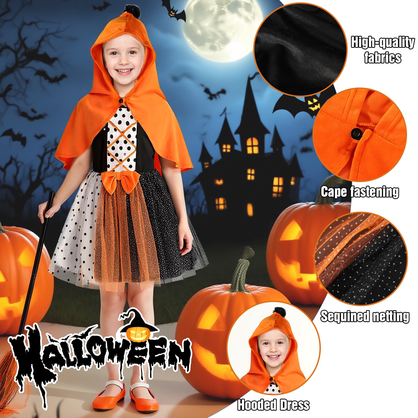 TAGVO Costume da Strega Halloween per Bambina, Ragazze Principessa Vestito Strega Viola Poncho Cappuccio Capo Paillettes Tulle Abiti serbatoio per bambini Halloween fantasia vestire per 1-6 anni