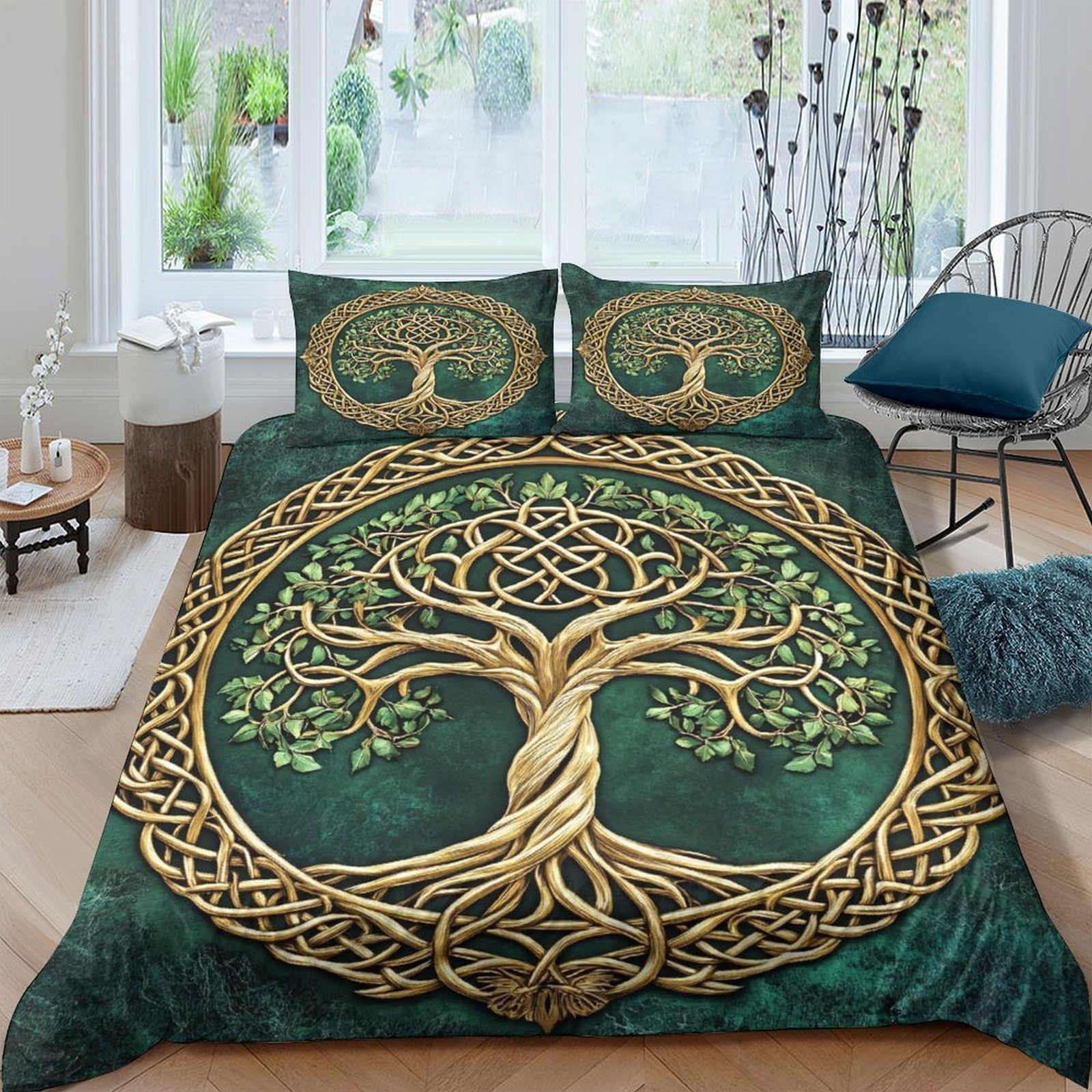 Ctjqhvkz Style-8 3D Printed Celtic Tree Of Life Fitted Sheet Microfiber Green Gold Nordic Pattern Mattress Cover For Bedroom Dorm Decor Single（135X200cm）
