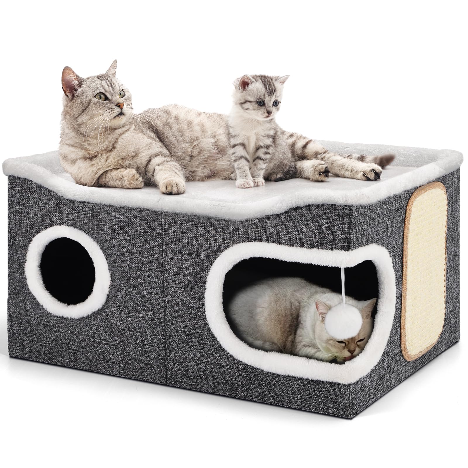 Shikha Niche Pliable pour Chat, Maison d'intérieur pour Grands Chats, 61 x 45 x 32 cm, 2 Couches de Cube pour Chat, XXL avec griffoir et Balle de Jeu,Niche pour Grands Animaux de Compagnie, Gris