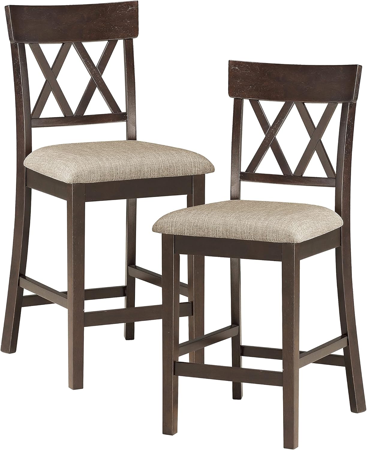 Lexicon Counter Height Stools Set of 2 - Attis Kitchen Counter Stools Set of 2, Upholstered Padded 25.5" Seat Height, Sturdy Solid Wood, Farmhouse Kitchen Chairs, Cross Back, Dark Brown