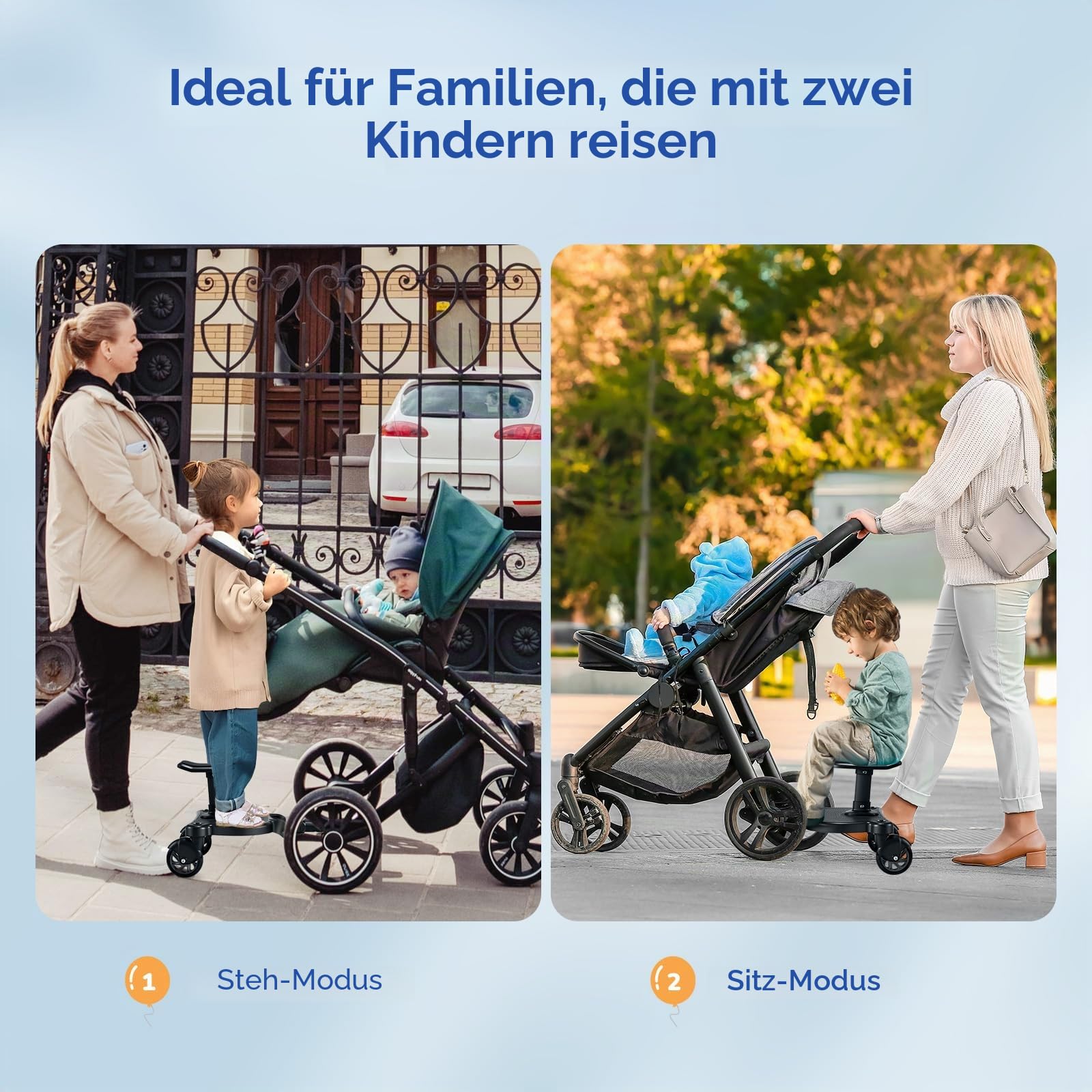Buggy Board mit Sitz, Trittbrett für Kinderwagen Universal, Buggy Board für Alle Kinderwagen, mit Kinderwagen Organizer und Aufhängegurt, Kiddy Board für Kinder von 2 bis 6 Jahren (25 KG)